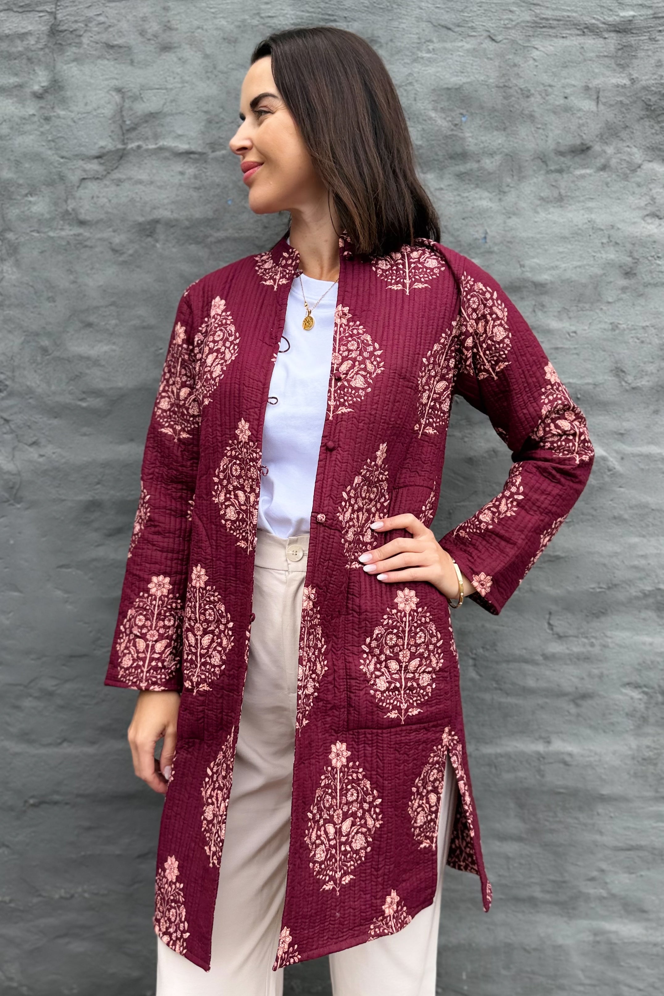 Quilted Cotton Coat In Pinotage Posy