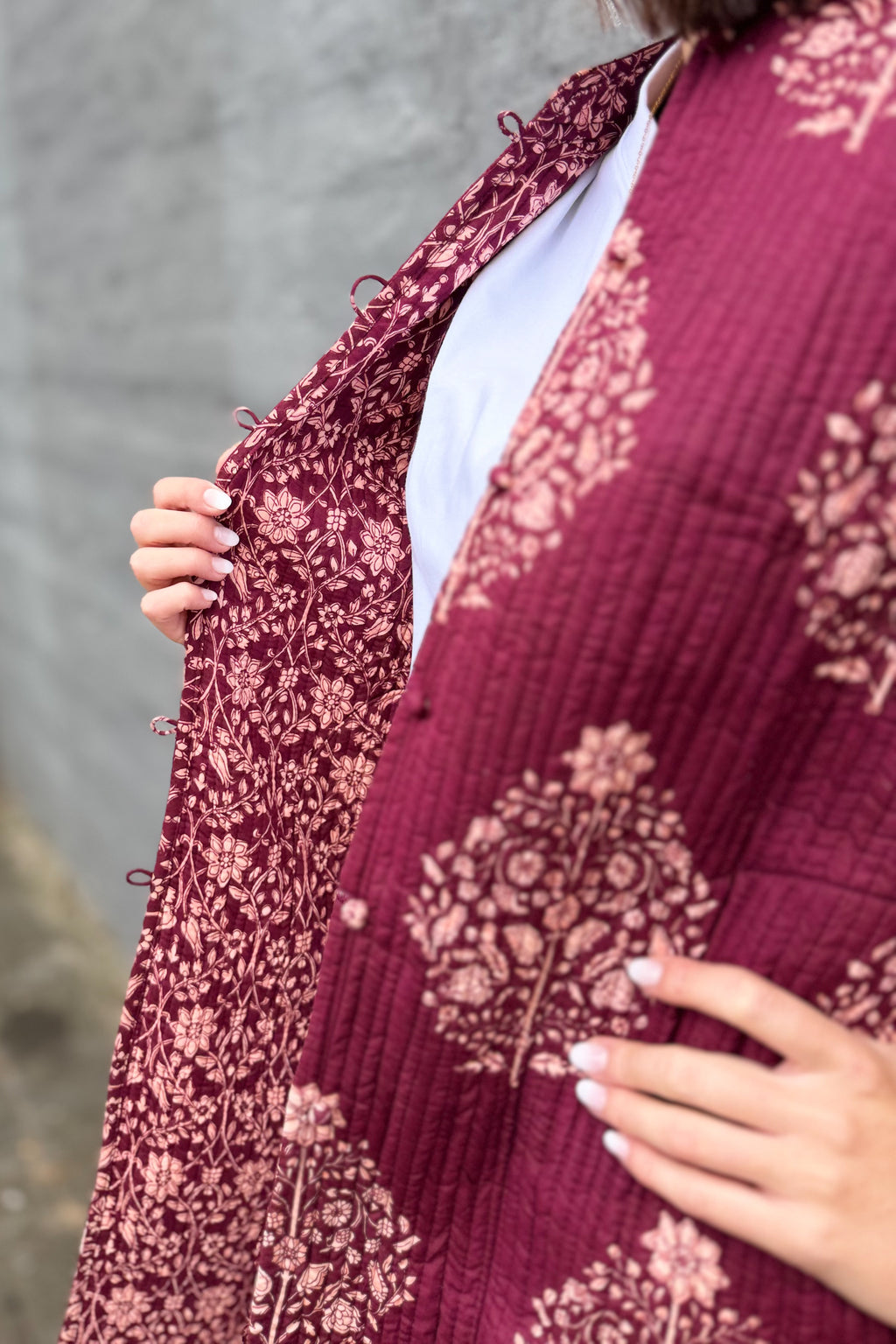 Quilted Cotton Coat In Pinotage Posy