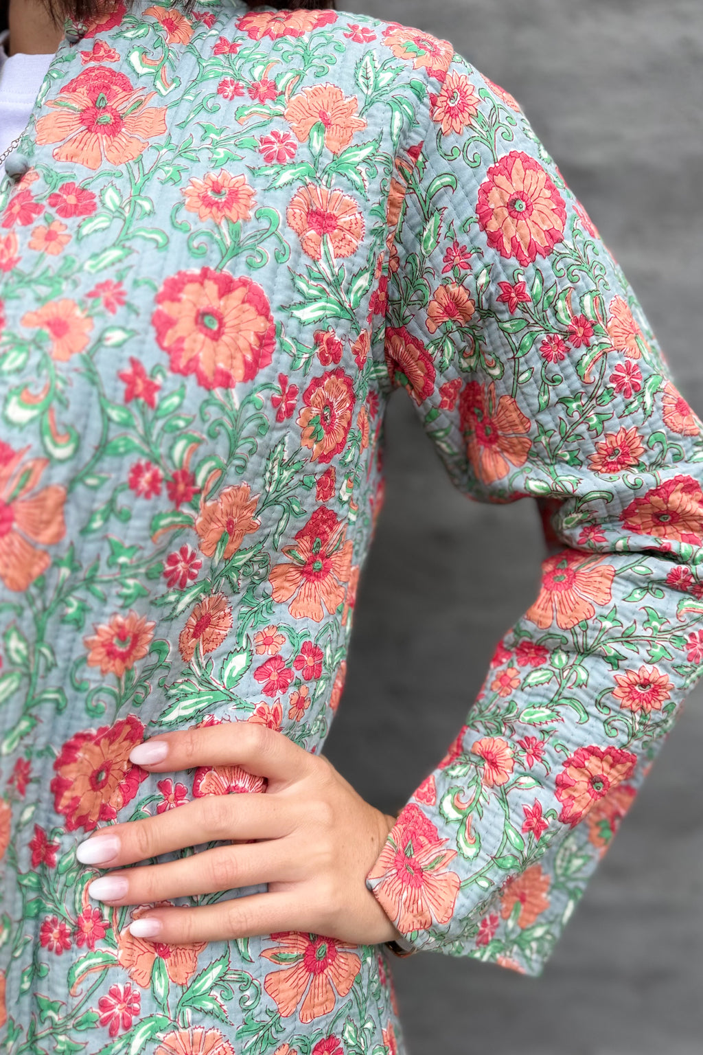 Quilted Cotton Coat In Peachy Botanical