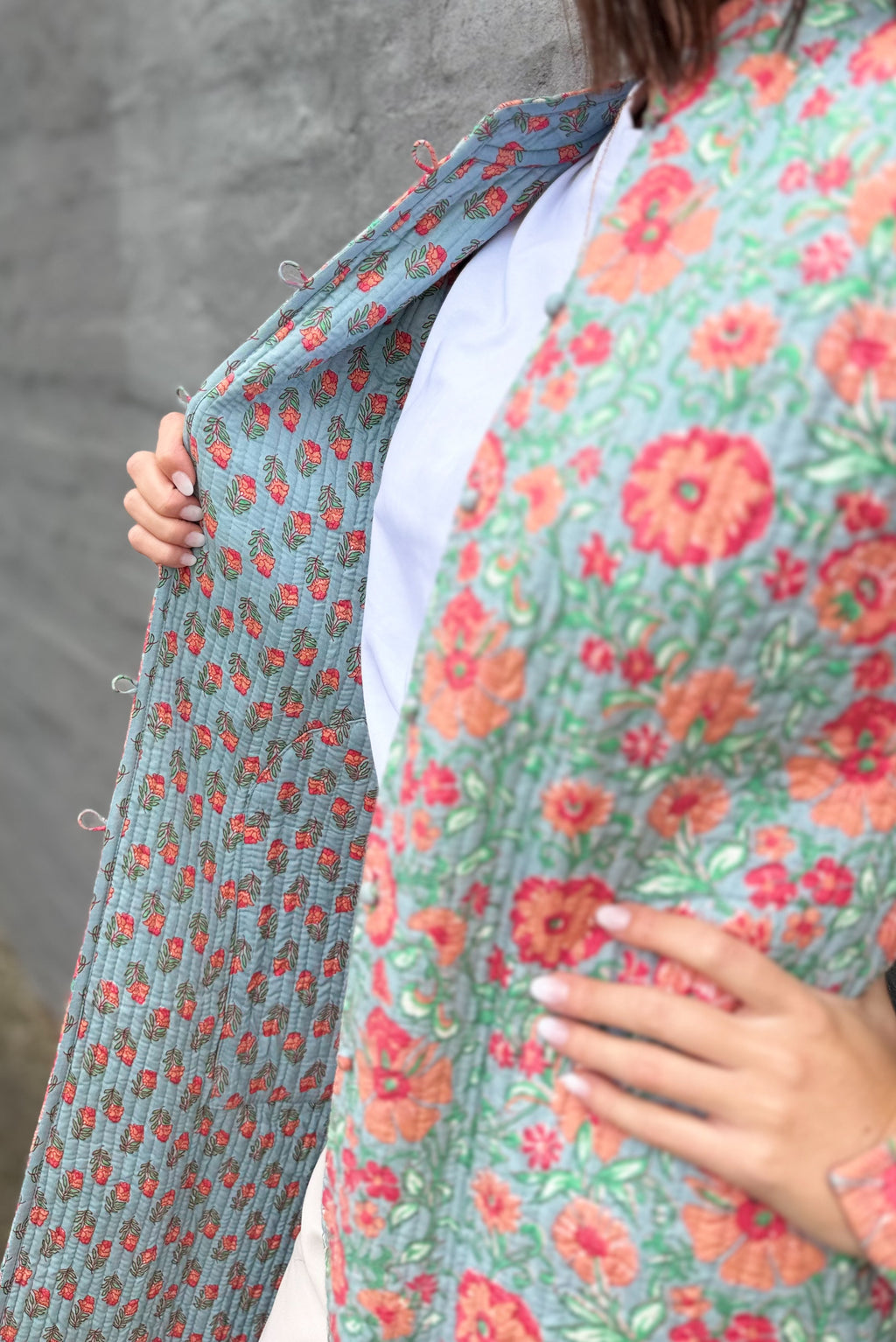 Quilted Cotton Coat In Peachy Botanical
