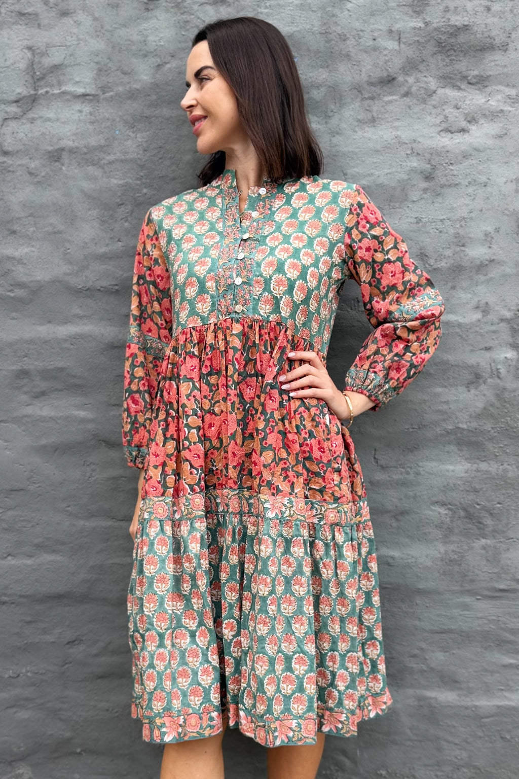Betty Dress In Green & Peach Petunia