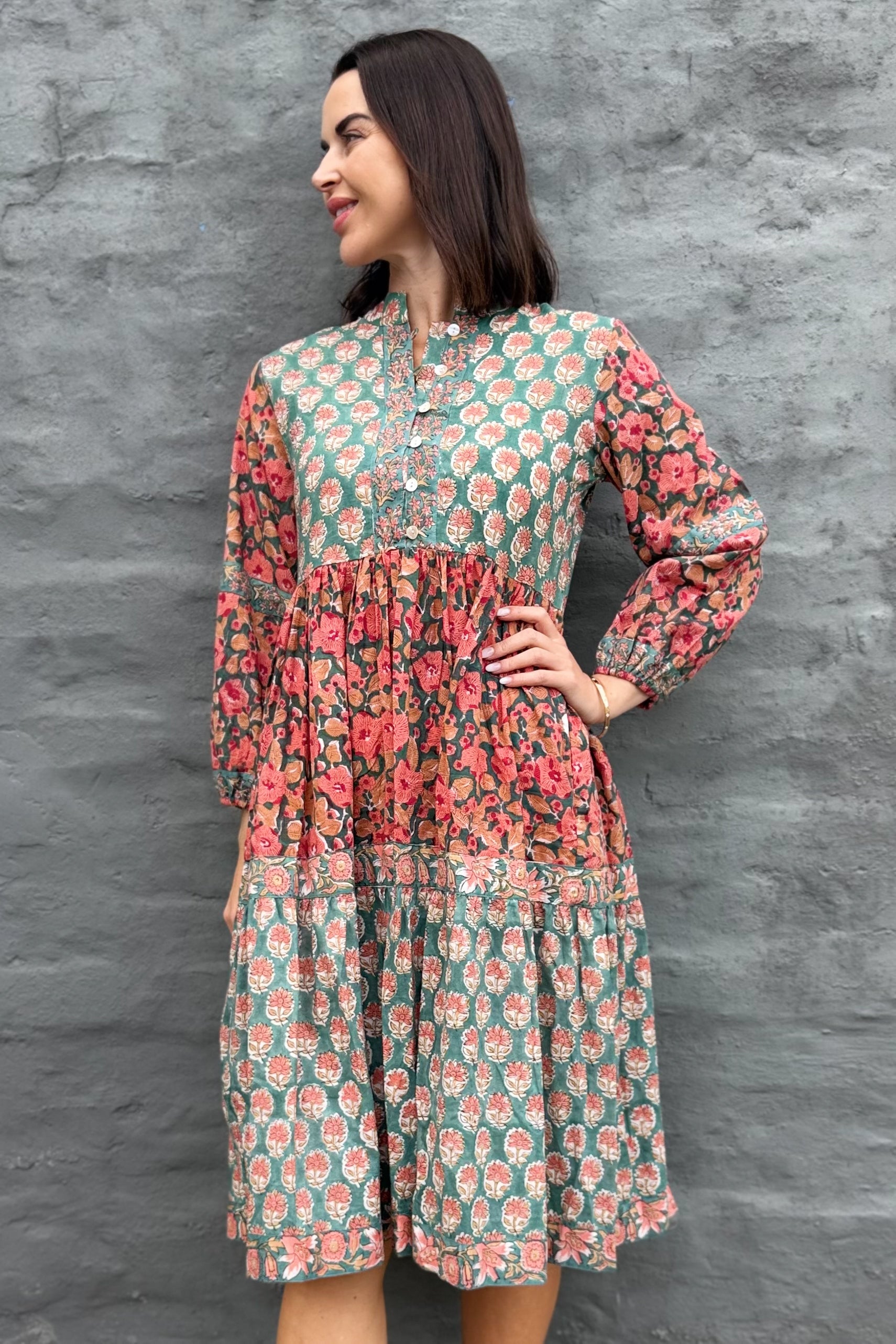 Betty Dress In Green & Peach Petunia