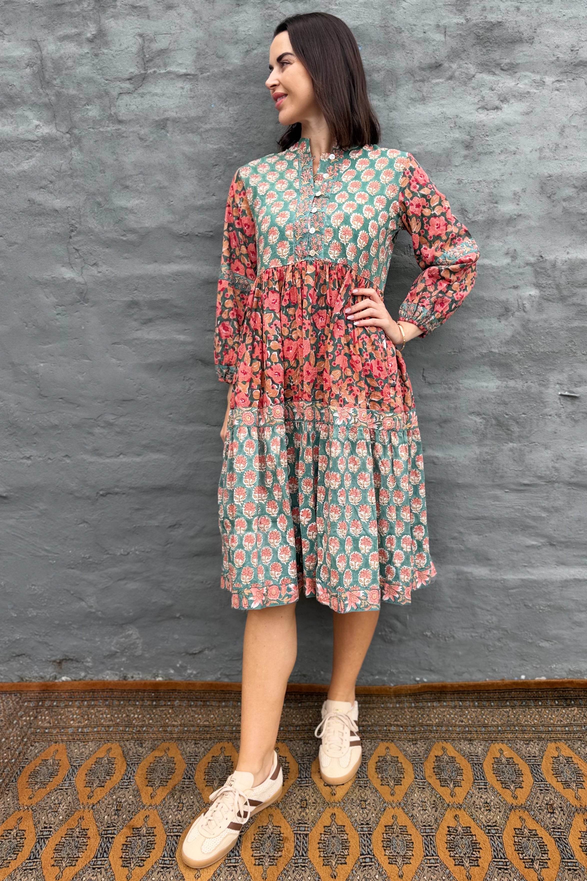 Betty Dress In Green & Peach Petunia