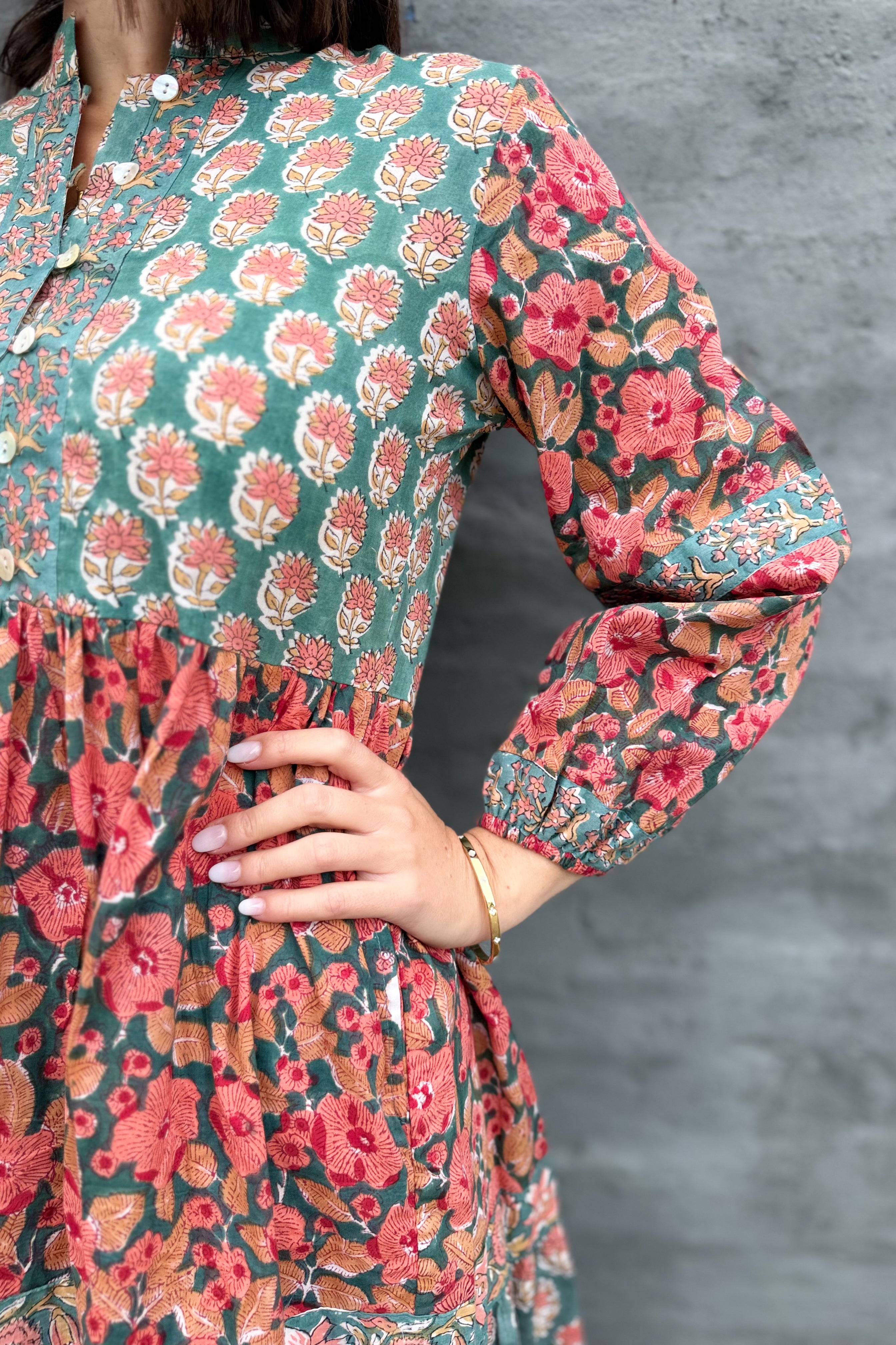 Betty Dress In Green & Peach Petunia