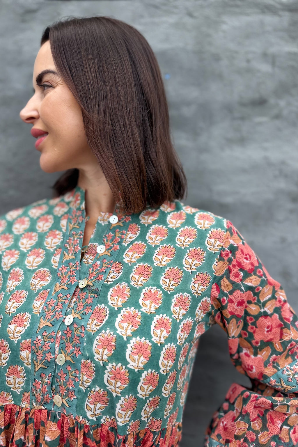 Betty Dress In Green & Peach Petunia