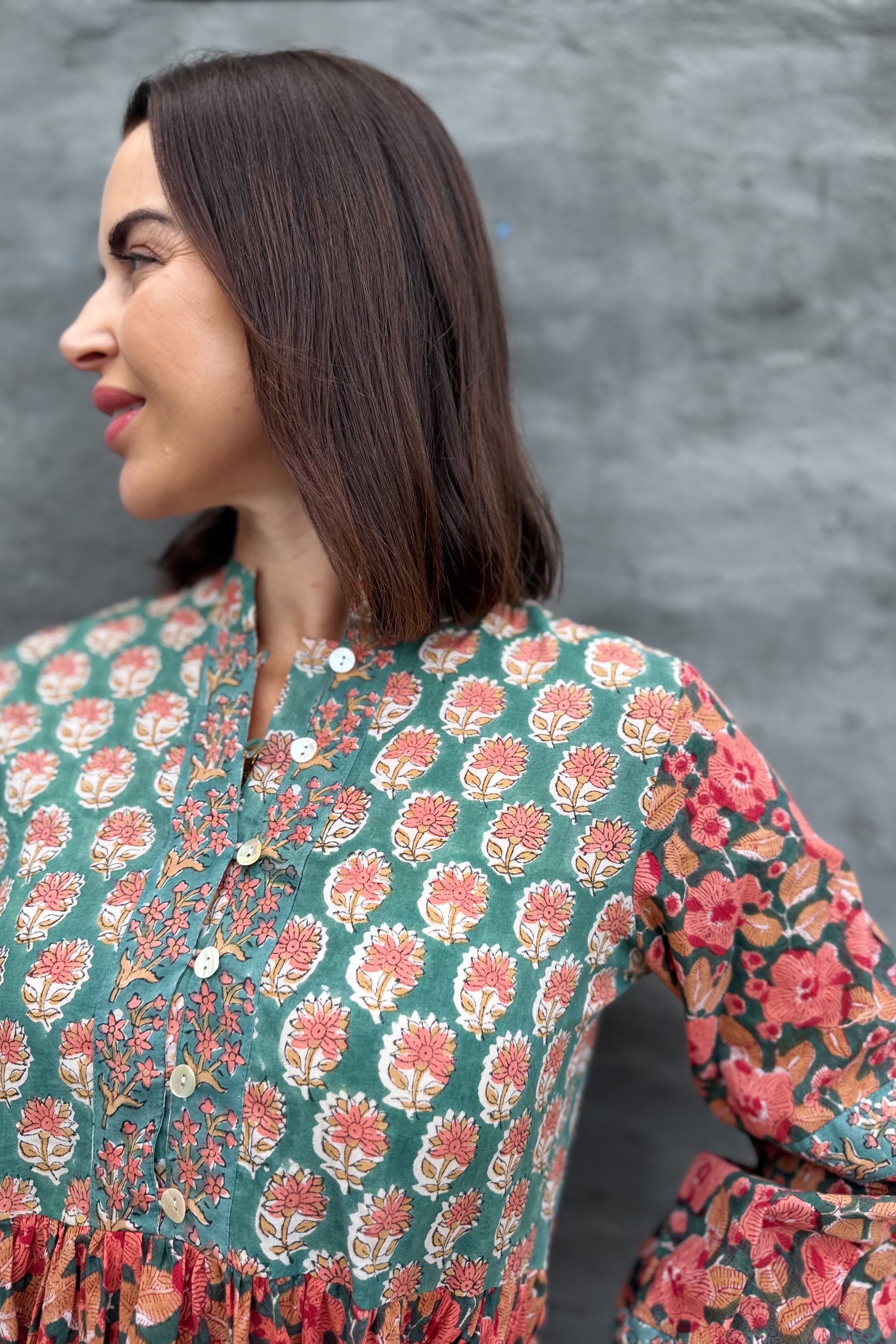 Betty Dress In Green & Peach Petunia
