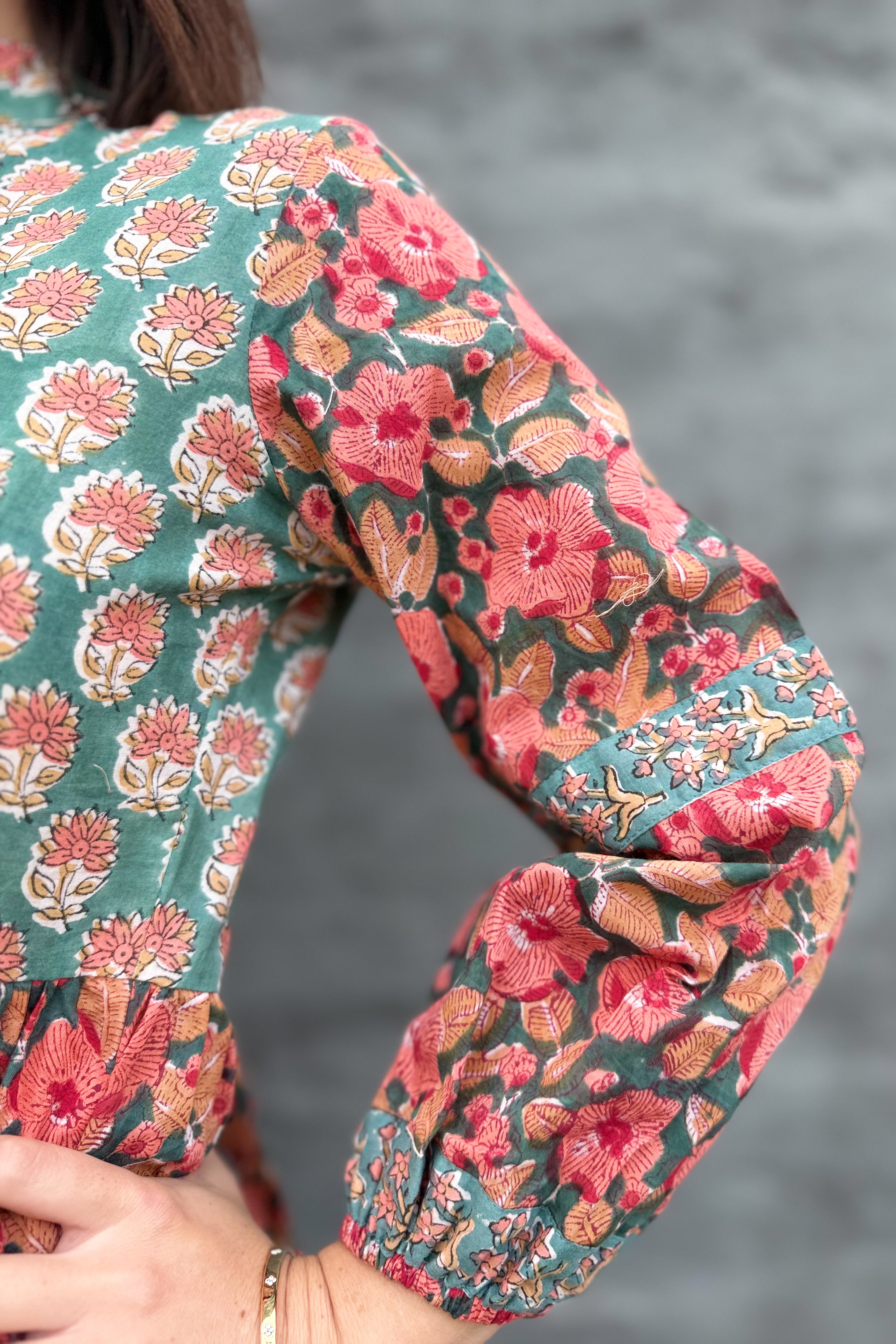 Betty Dress In Green & Peach Petunia