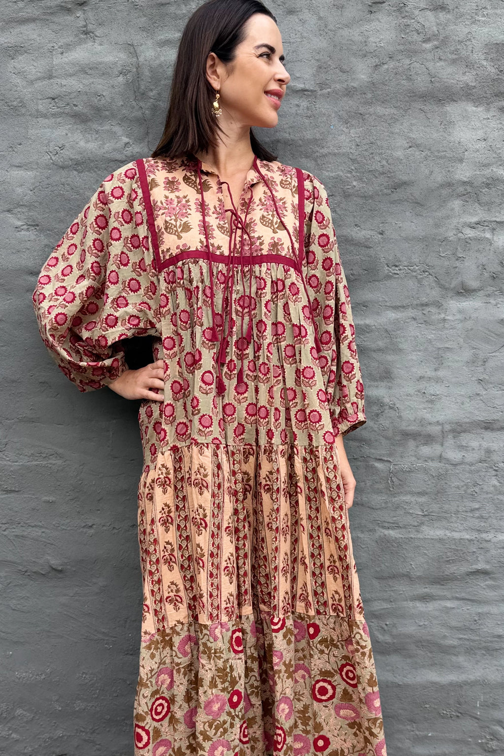 Delilah Dress In Sage & Burgundy