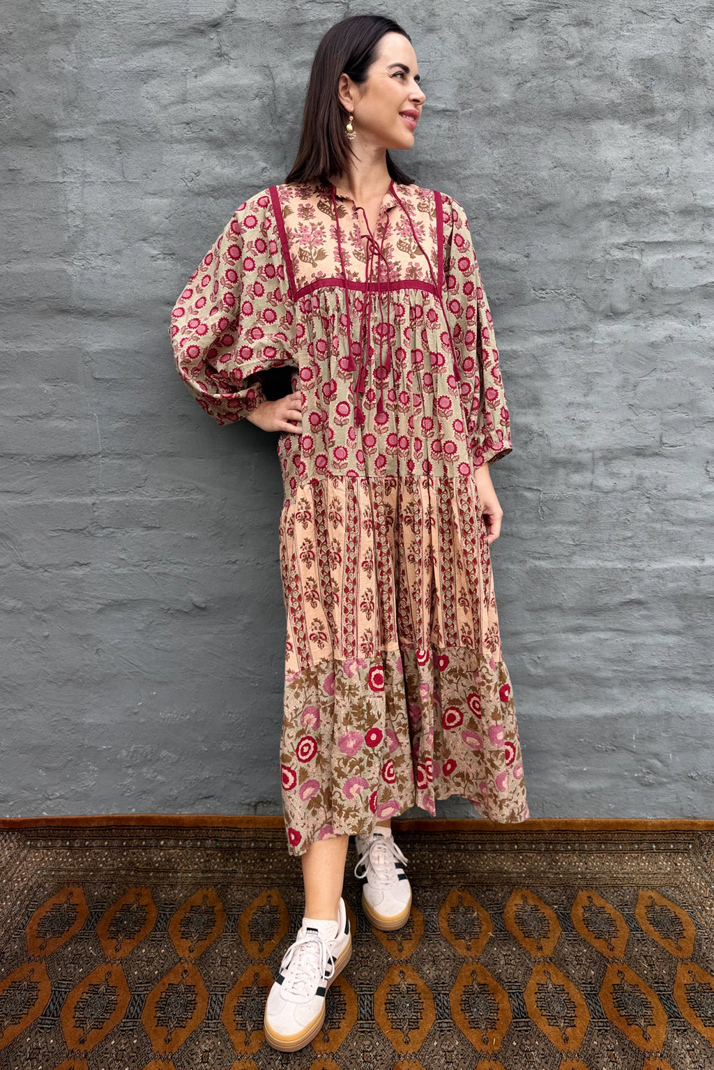 Delilah Dress In Sage & Burgundy