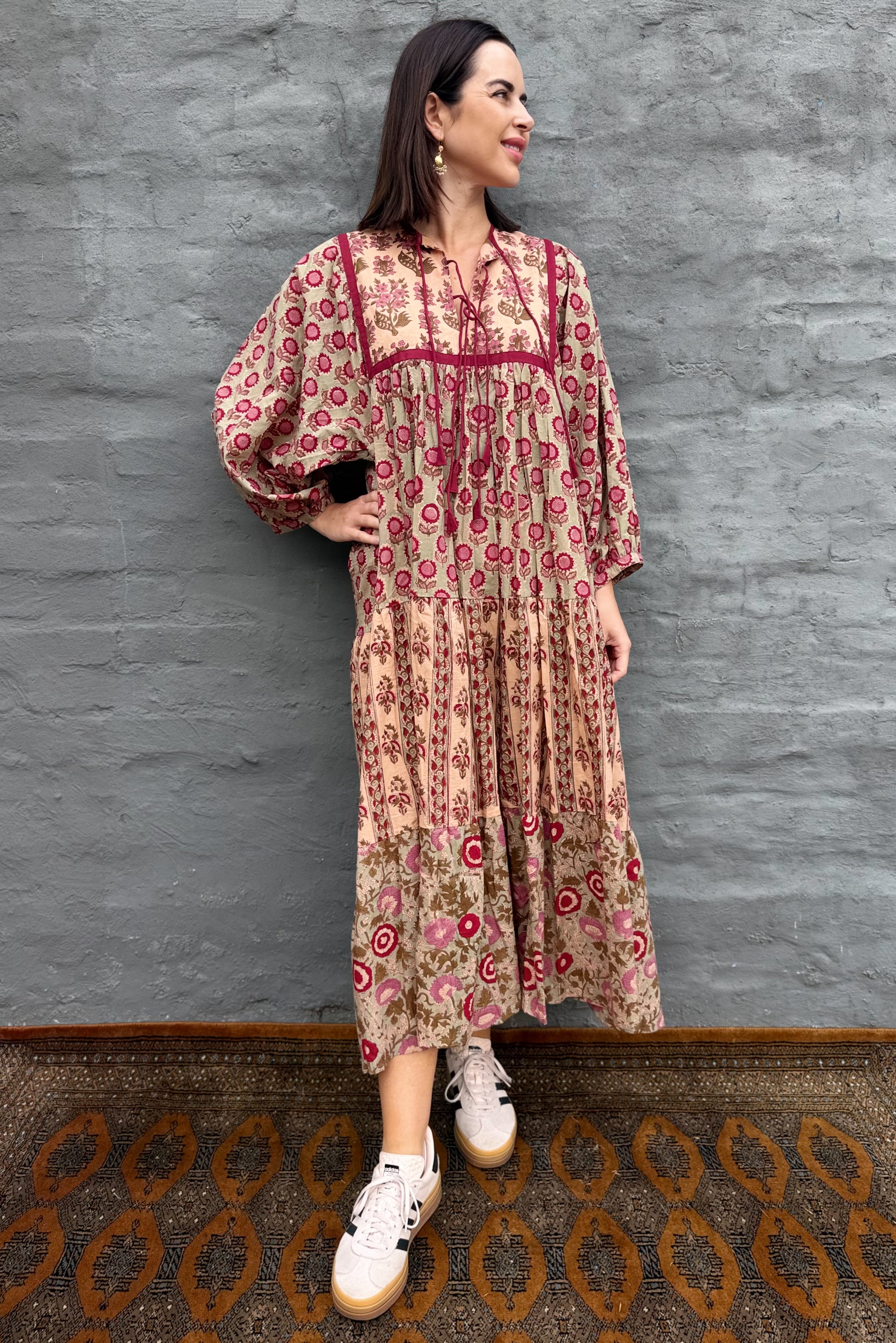 Delilah Dress In Sage & Burgundy