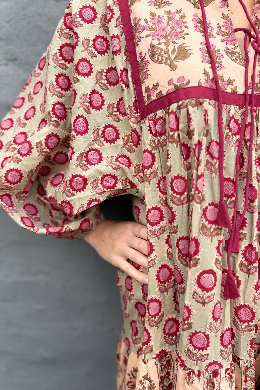 Delilah Dress In Sage & Burgundy