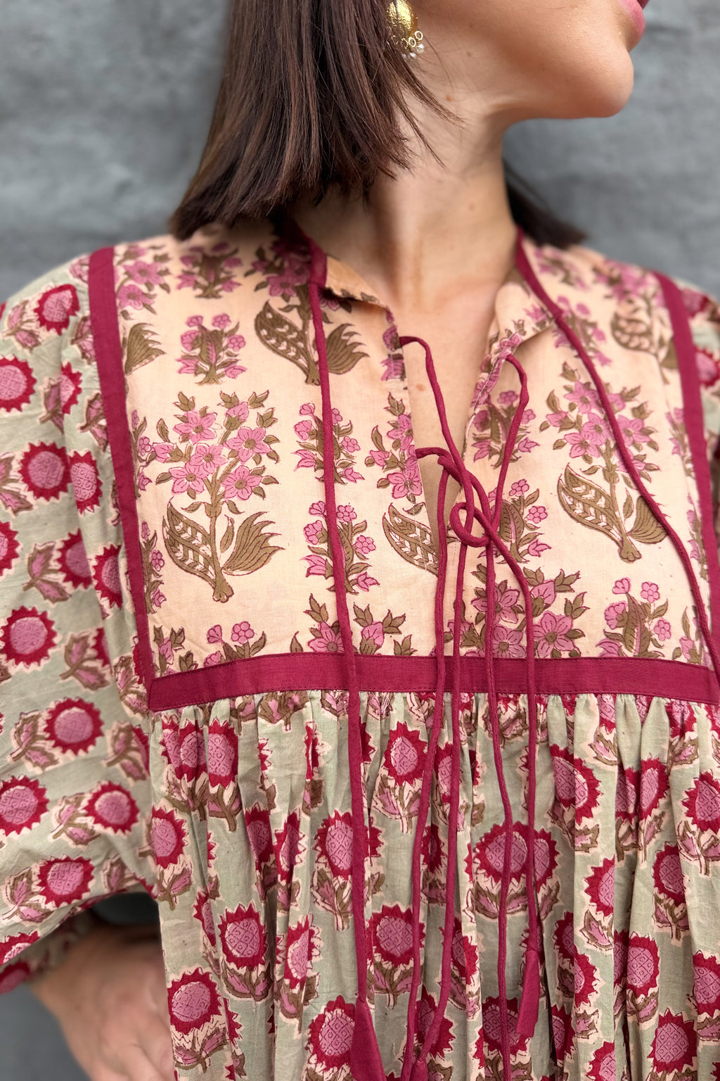 Delilah Dress In Sage & Burgundy