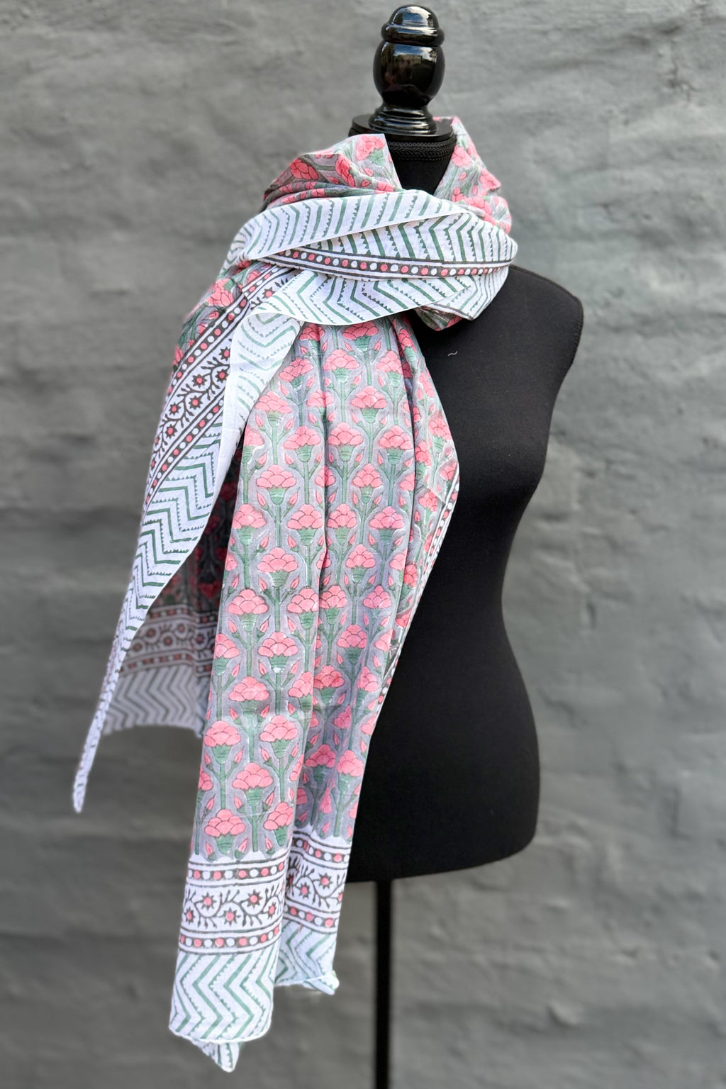 Cotton Scarf In Pink & Green Lotus
