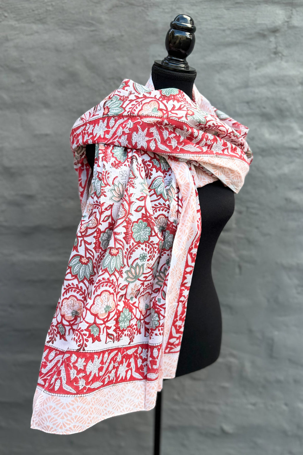 Cotton Scarf In Red & Peach Floral