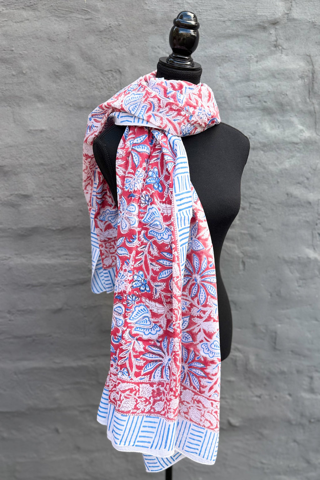Cotton Scarf In Red & Blue Lotus