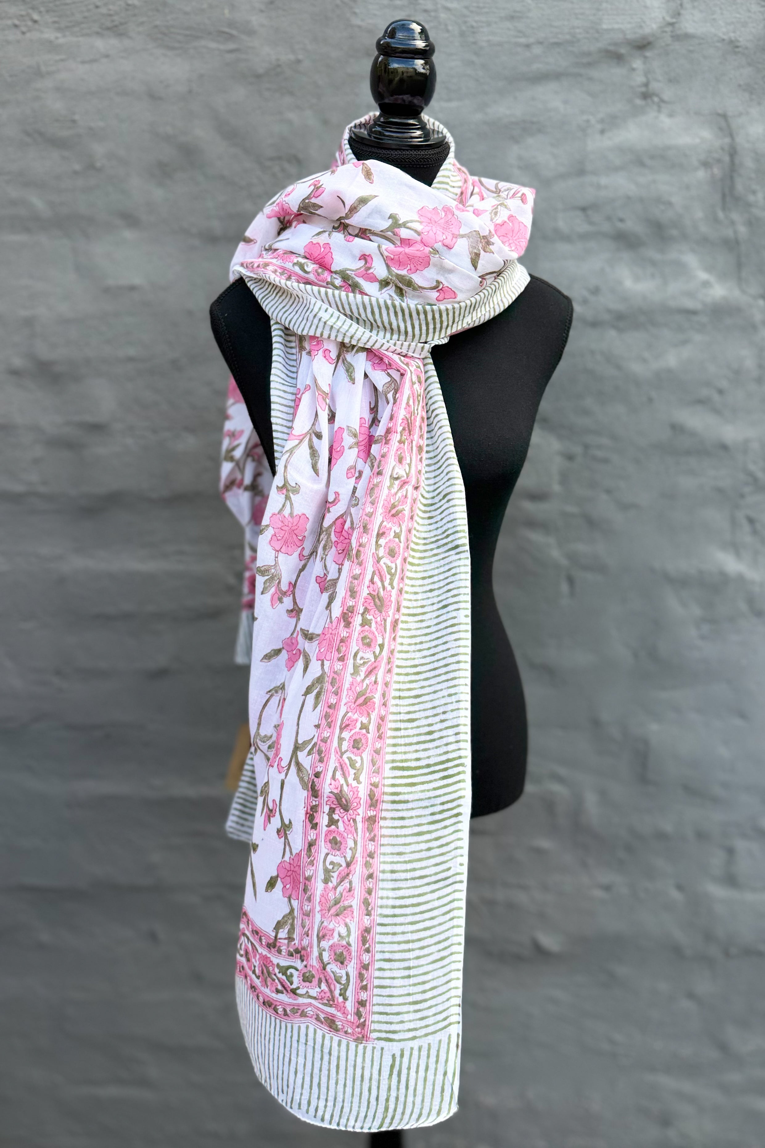 Cotton Scarf In Pink & Green Lily
