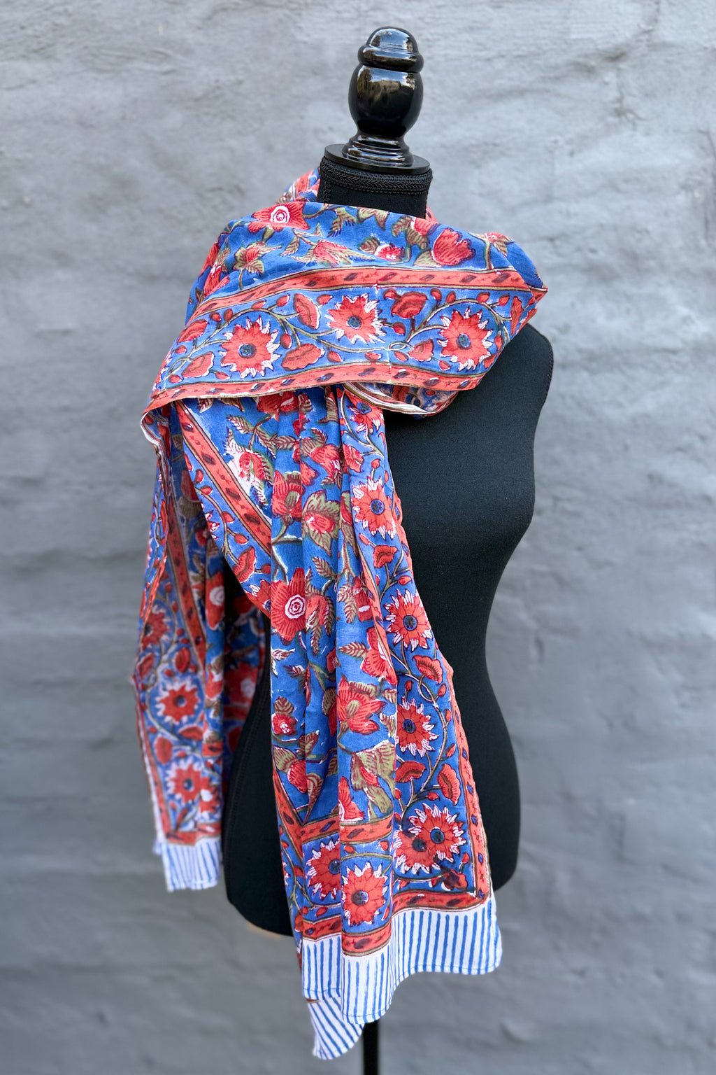 Cotton Scarf In Blue & Red Floral