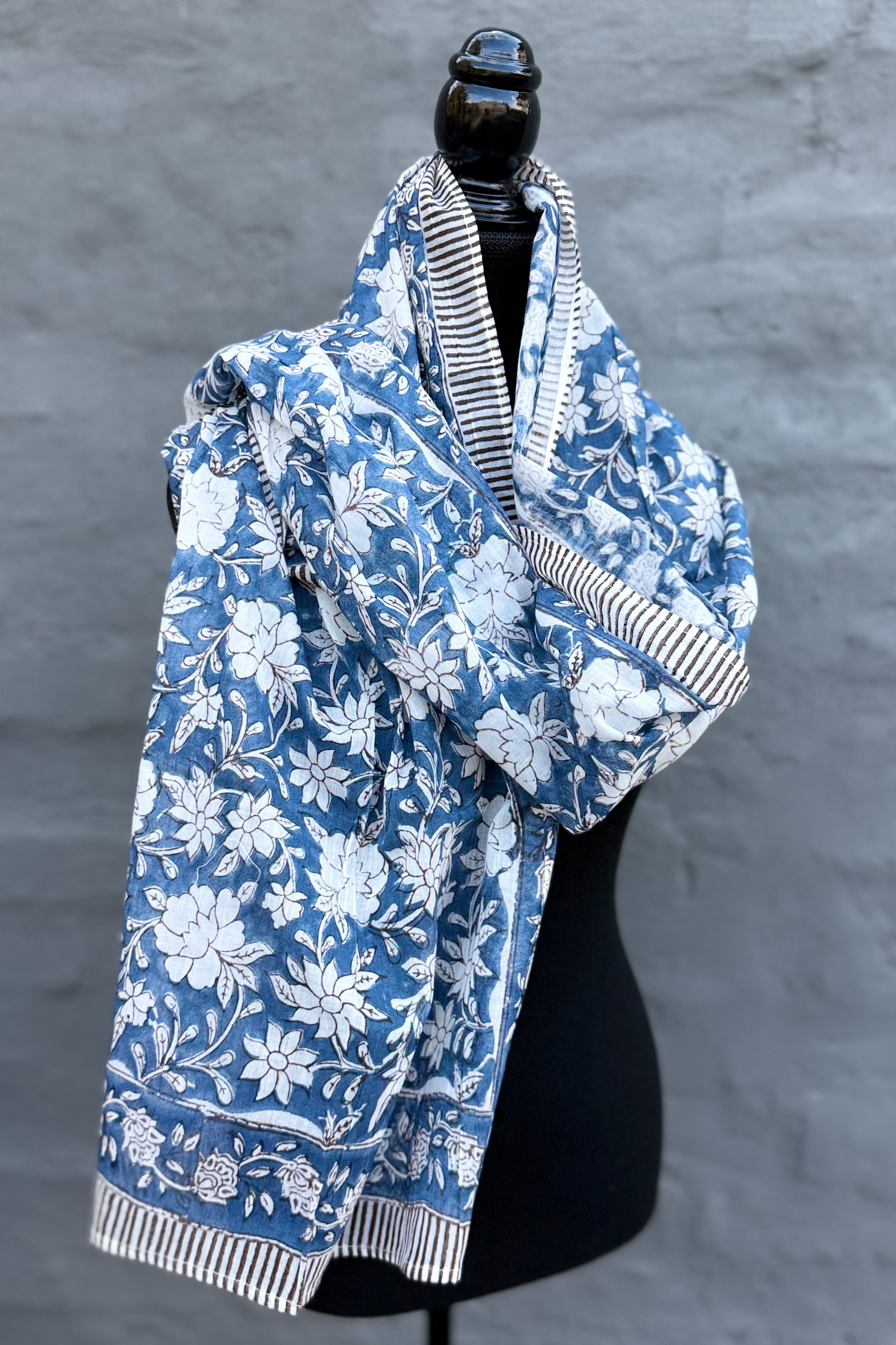 Cotton Scarf In Blue & Black Botanical
