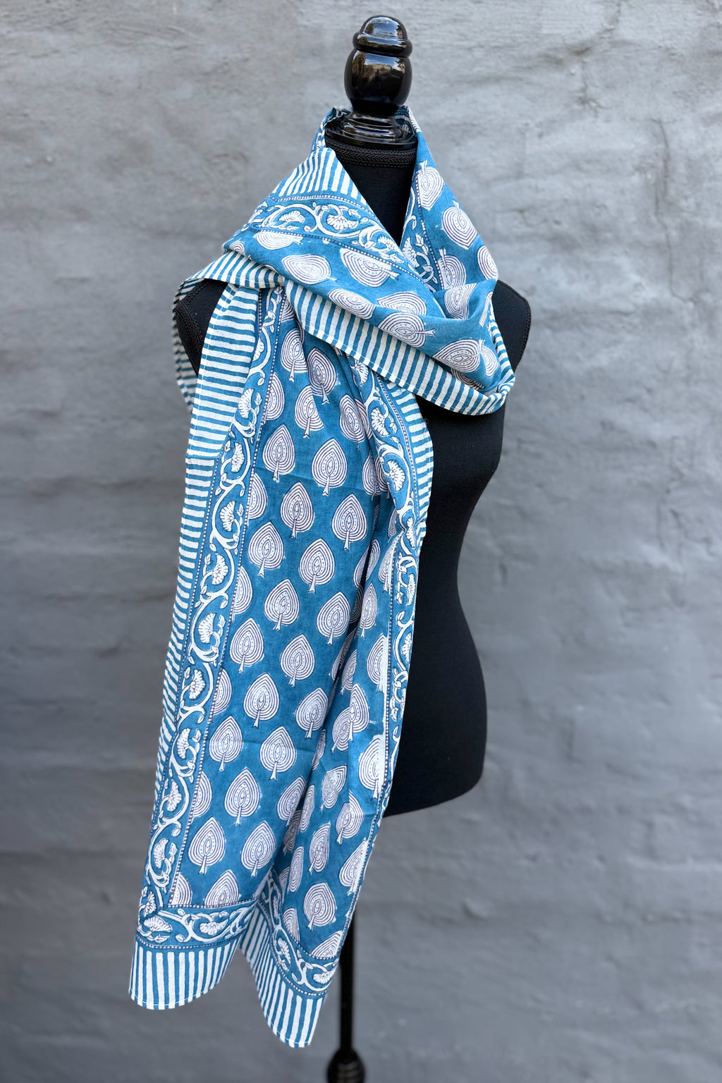 Cotton Scarf In Blue Leaf