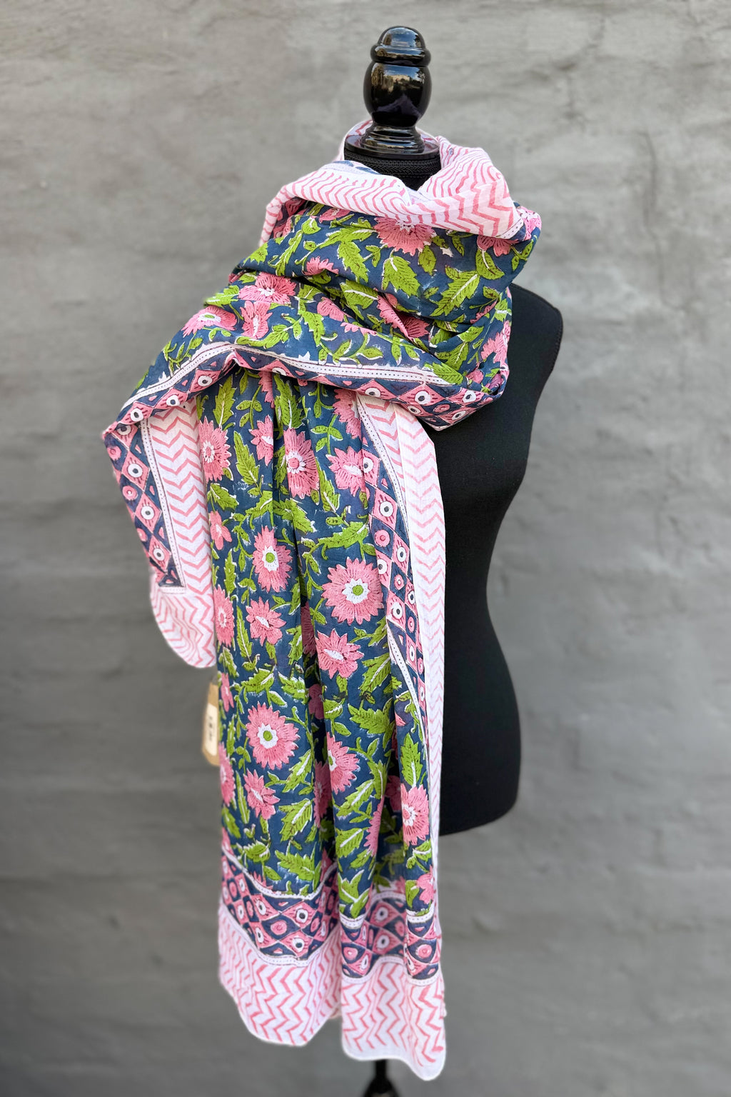Cotton Scarf In Navy & Pink Botanical