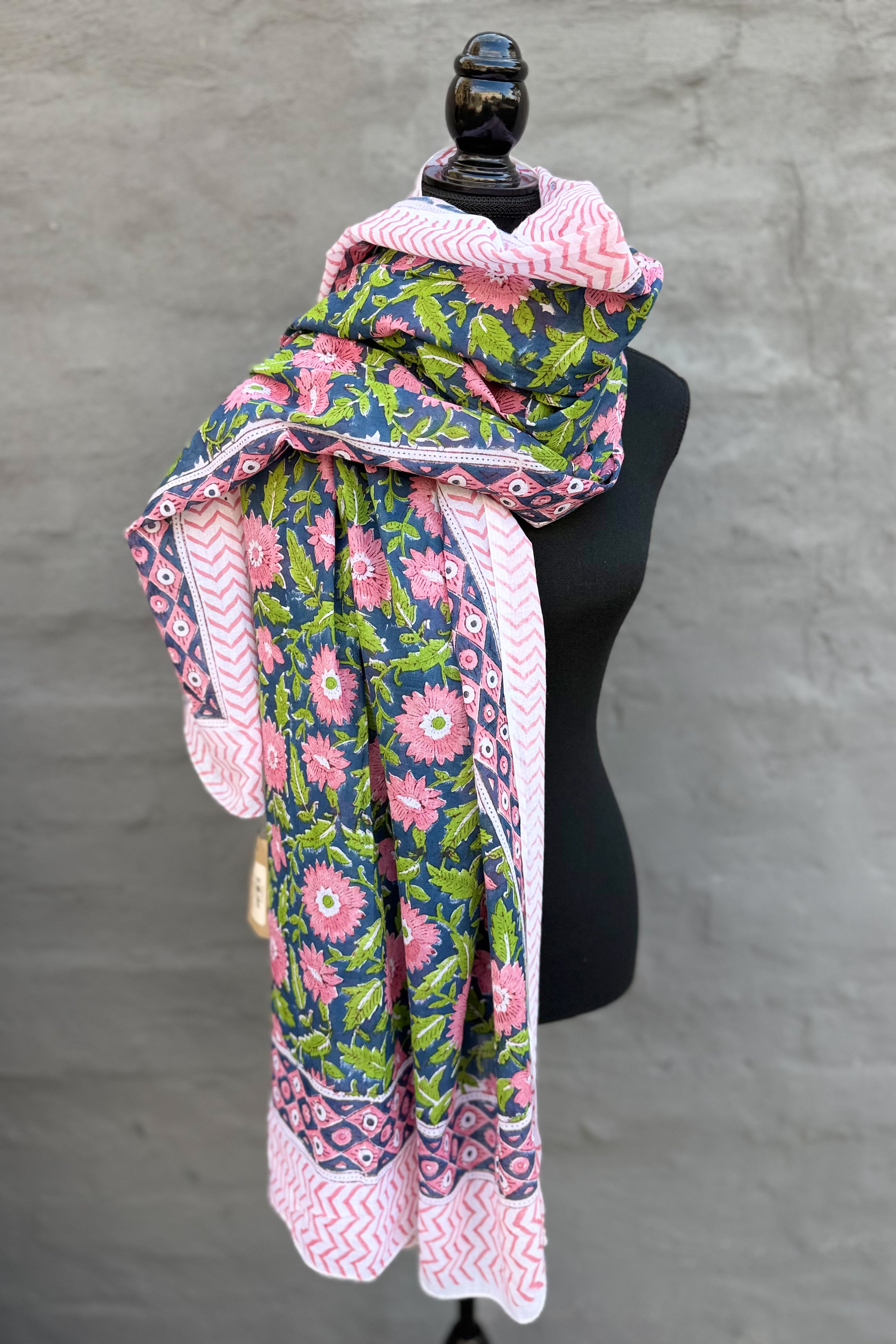 Cotton Scarf In Navy & Pink Botanical