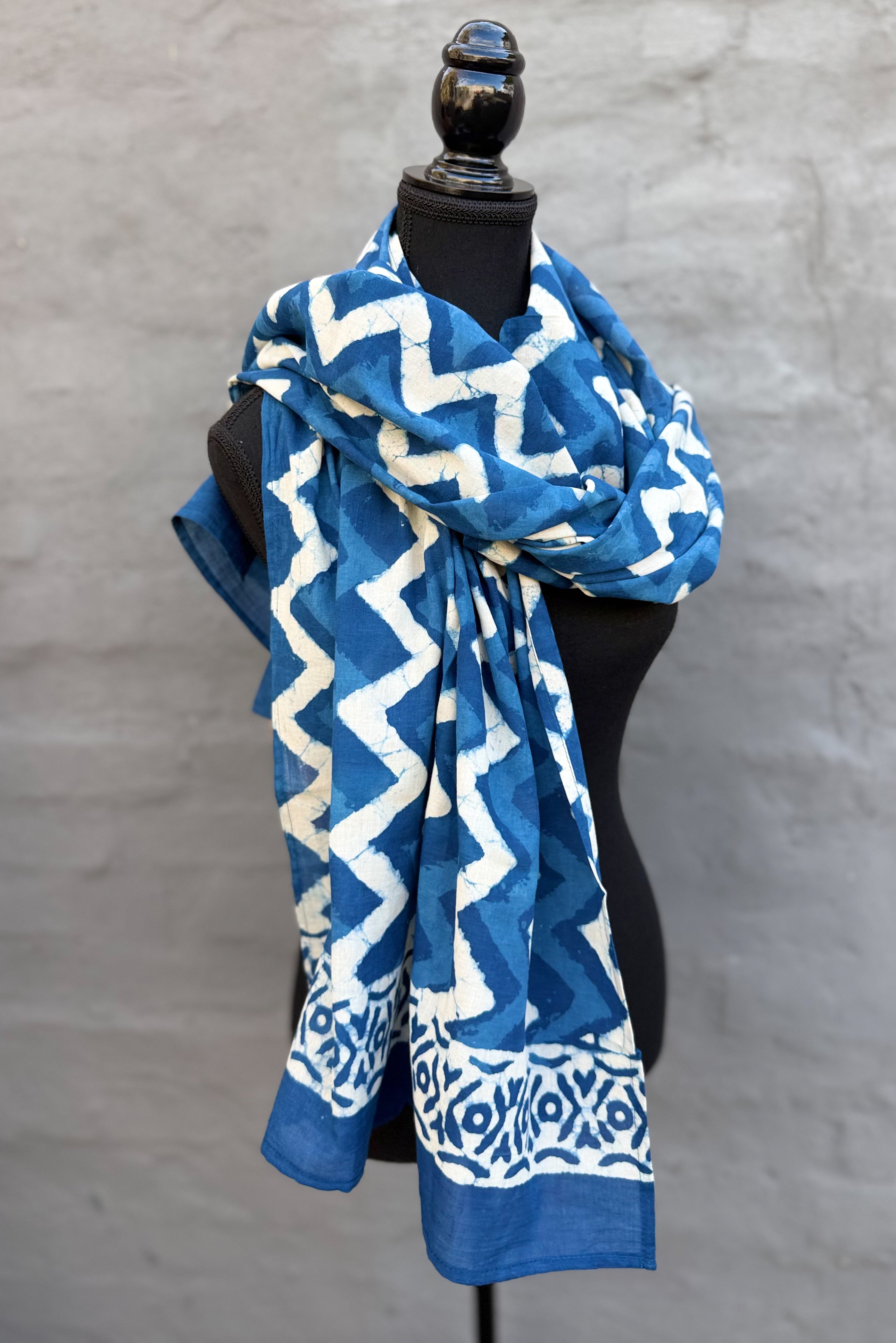 Cotton Scarf In Indigo Zig-Zag