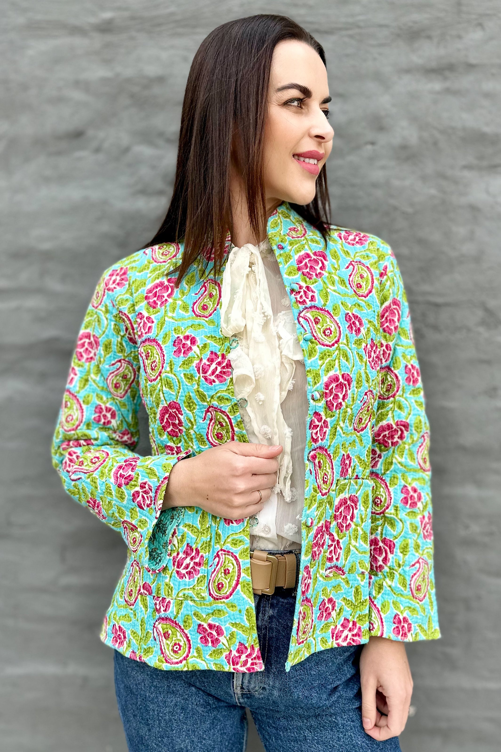 Quilted Cotton Jacket In Turquoise Watercolour