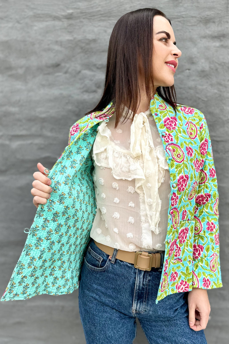 Quilted Cotton Jacket In Turquoise Watercolour