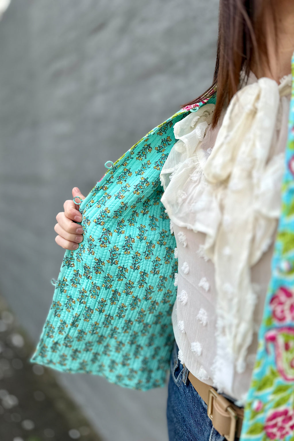 Quilted Cotton Jacket In Turquoise Watercolour