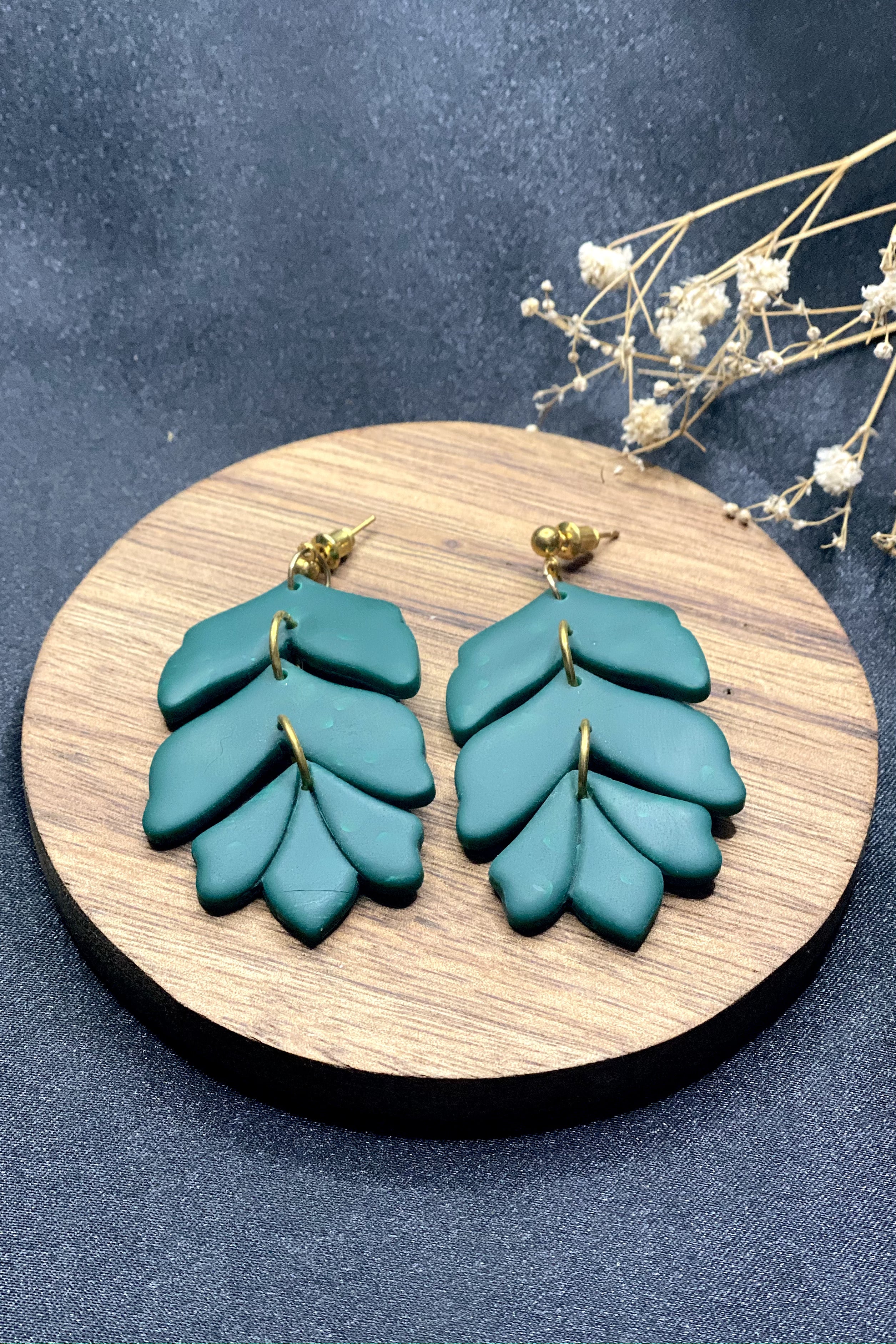 Clay & Brass Earrings In Forest Leaf