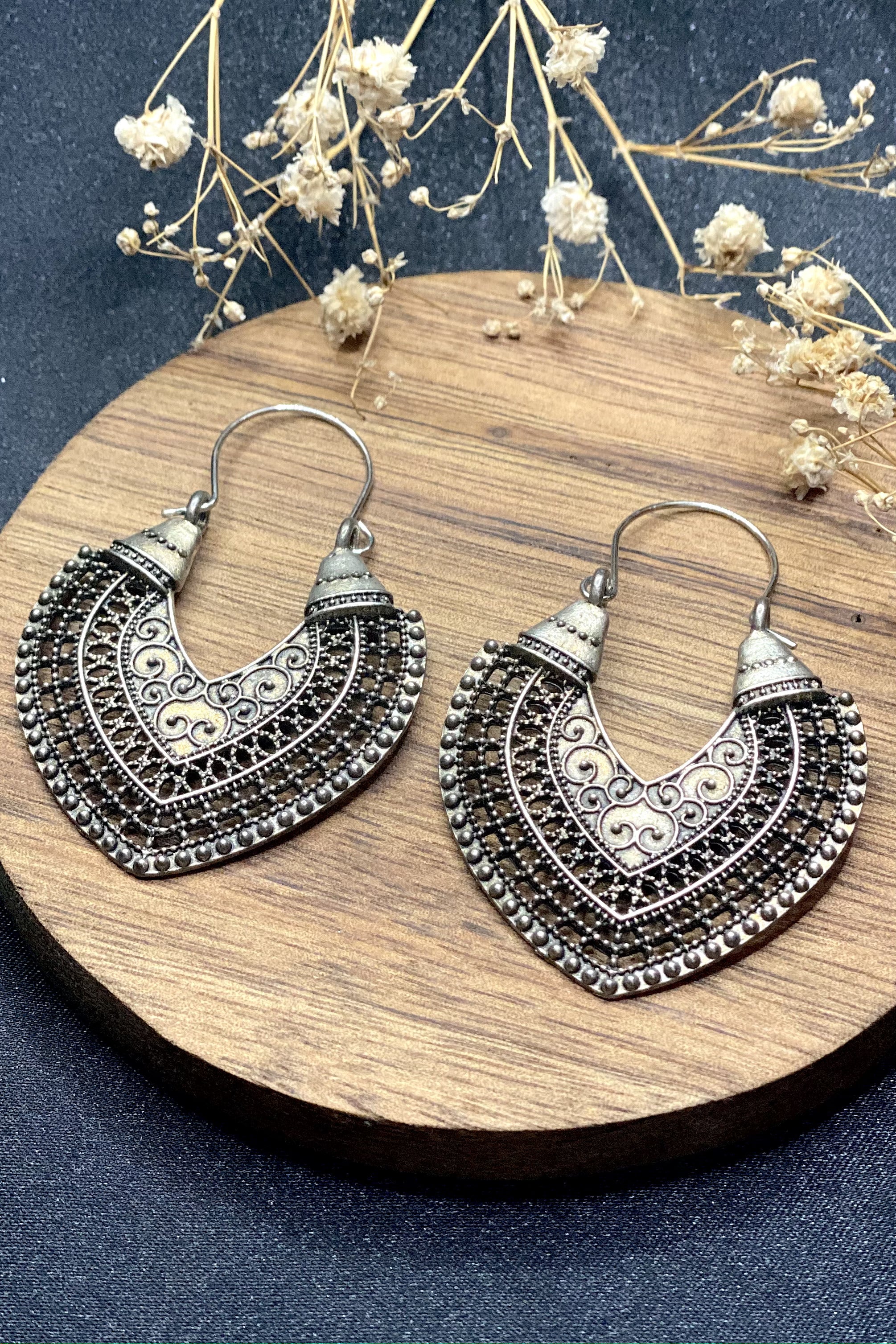 Shaped Silver Filigree Hoop Earrings