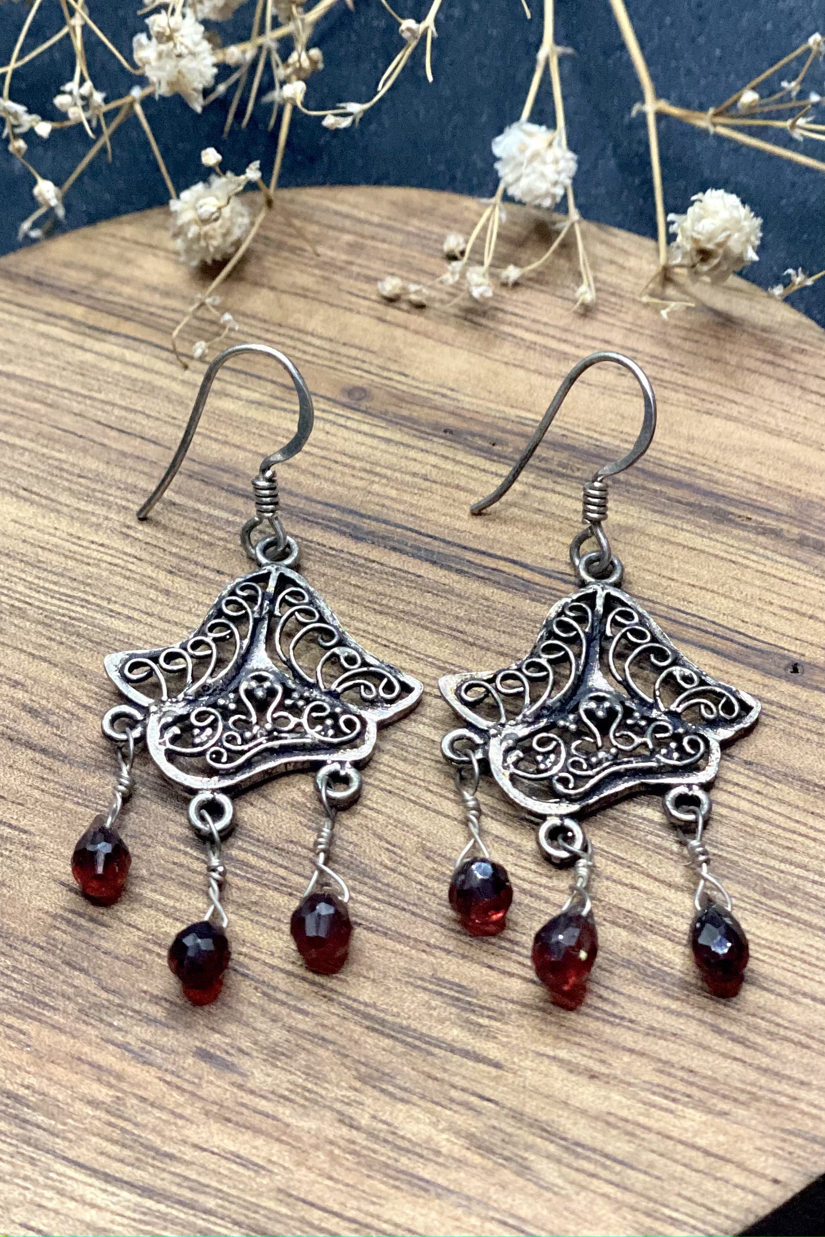 Sterling Silver Filigree Danglers In Red