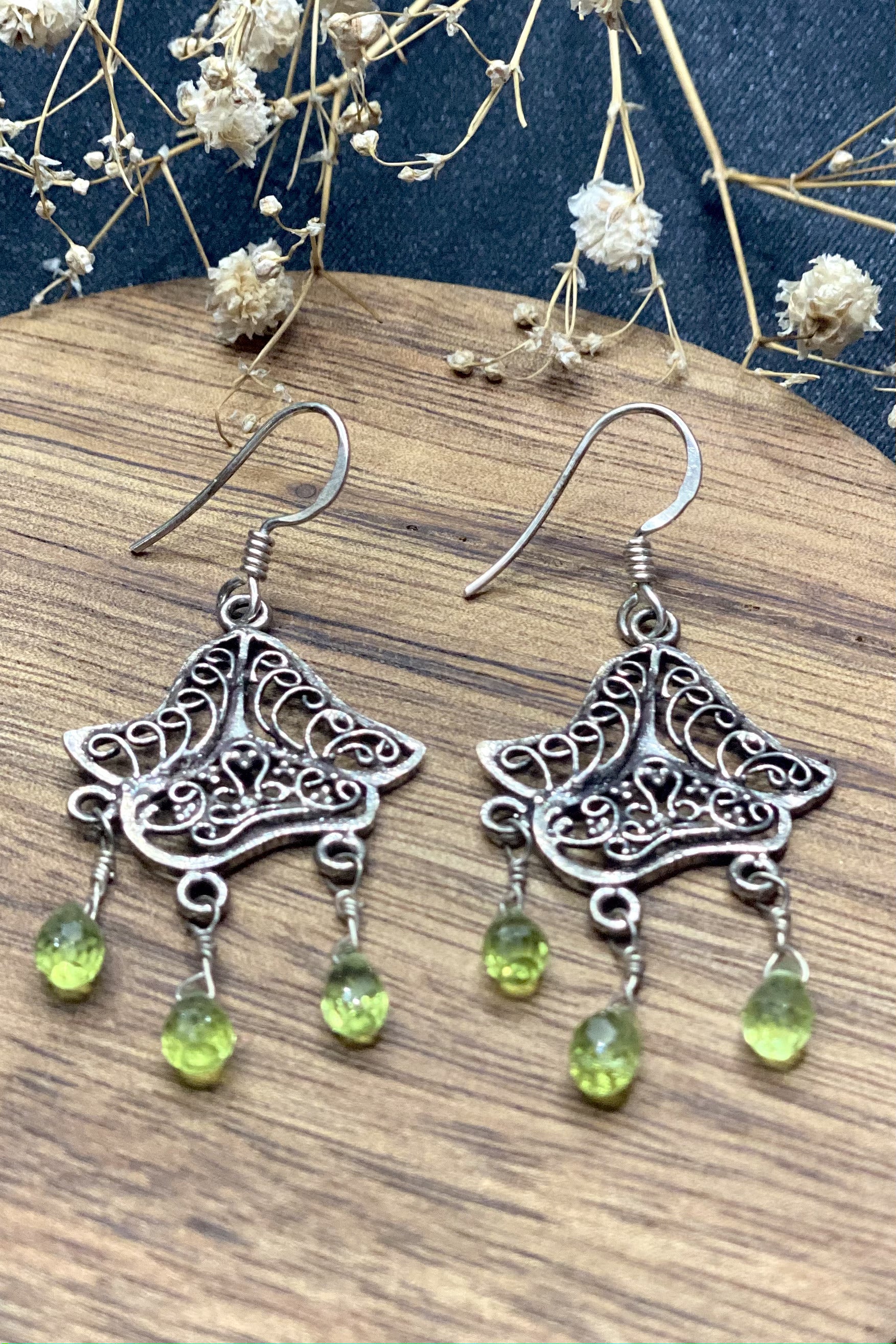 Sterling Silver Filigree Danglers In Green