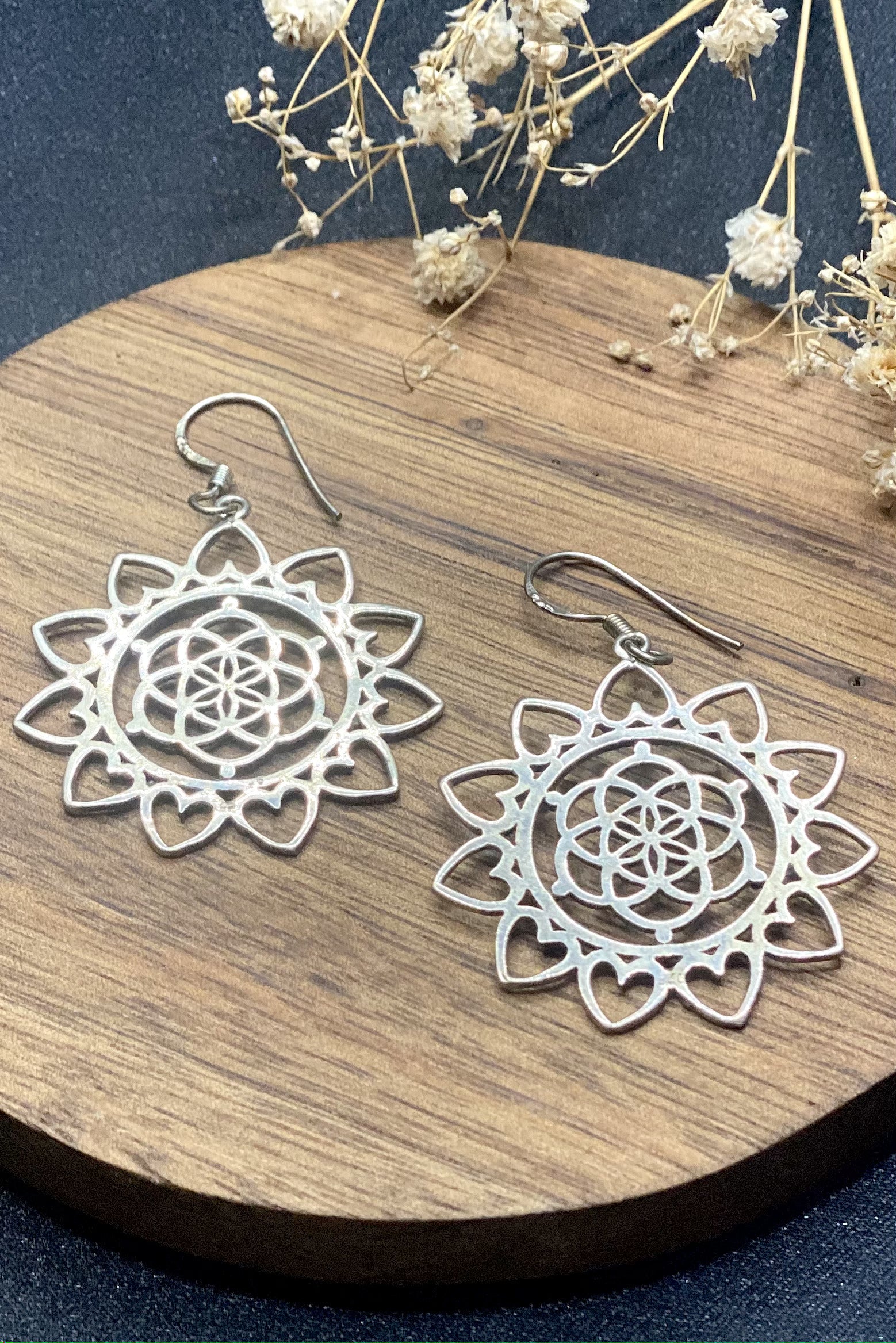 Sterling Silver Heart Mandala Danglers