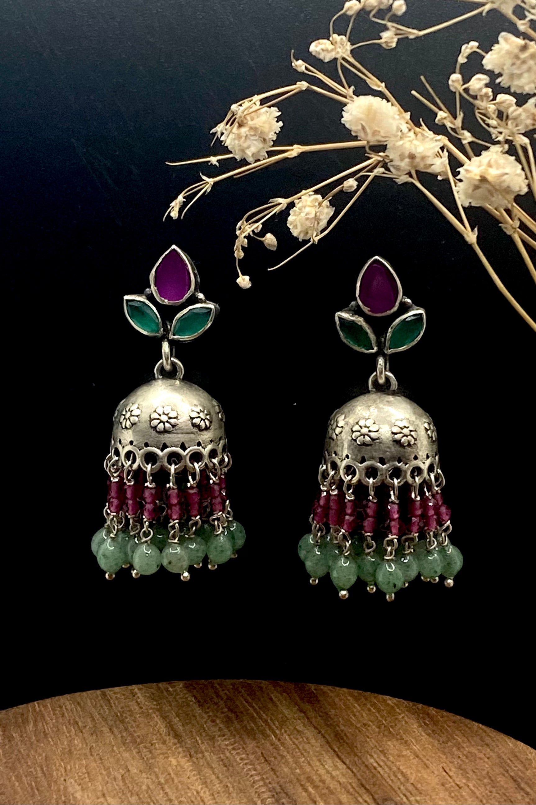 Sterling Silver Jade & Garnet Jhumka Earrings