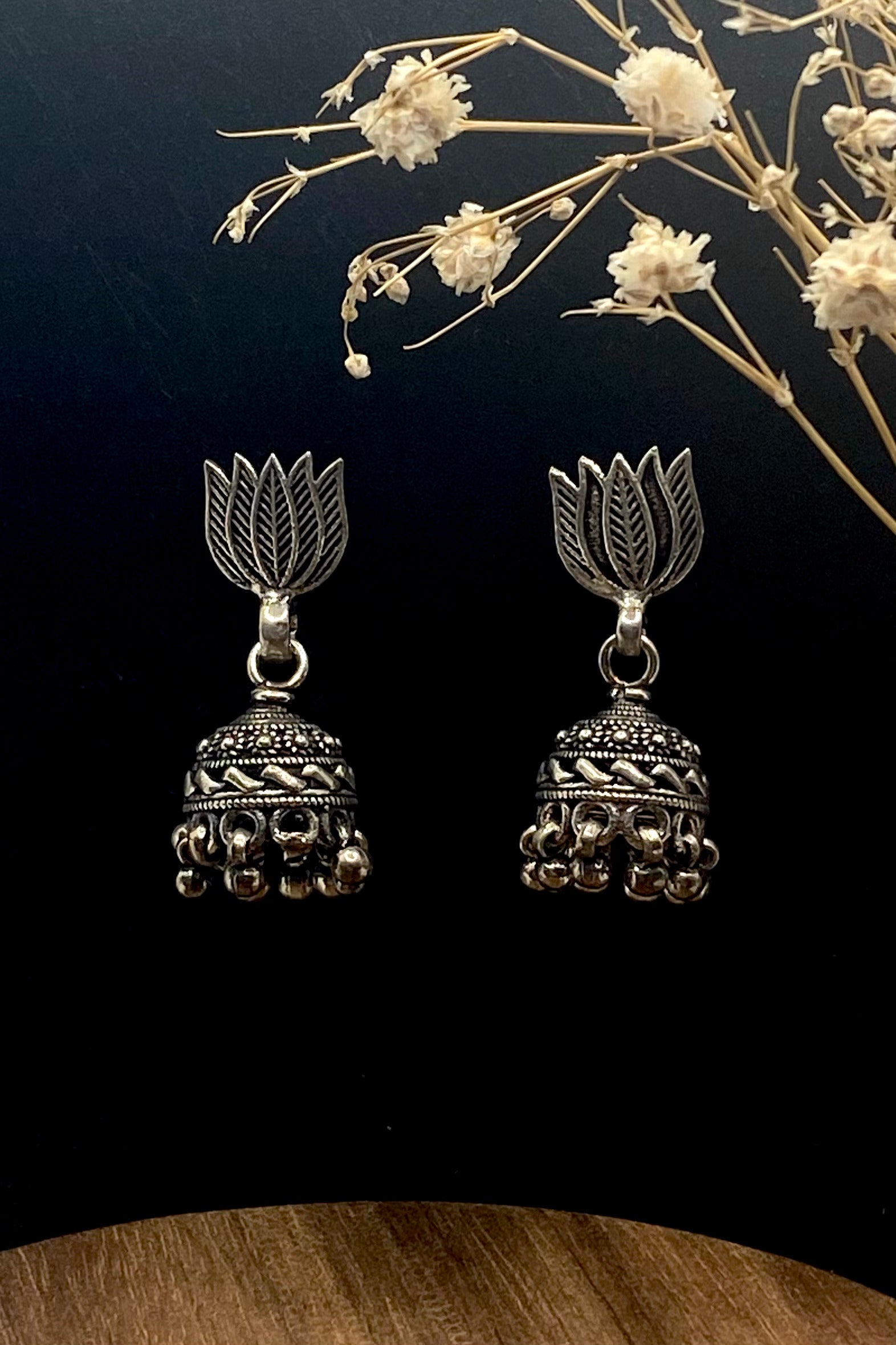 Sterling Silver Lotus Jhumka Earrings