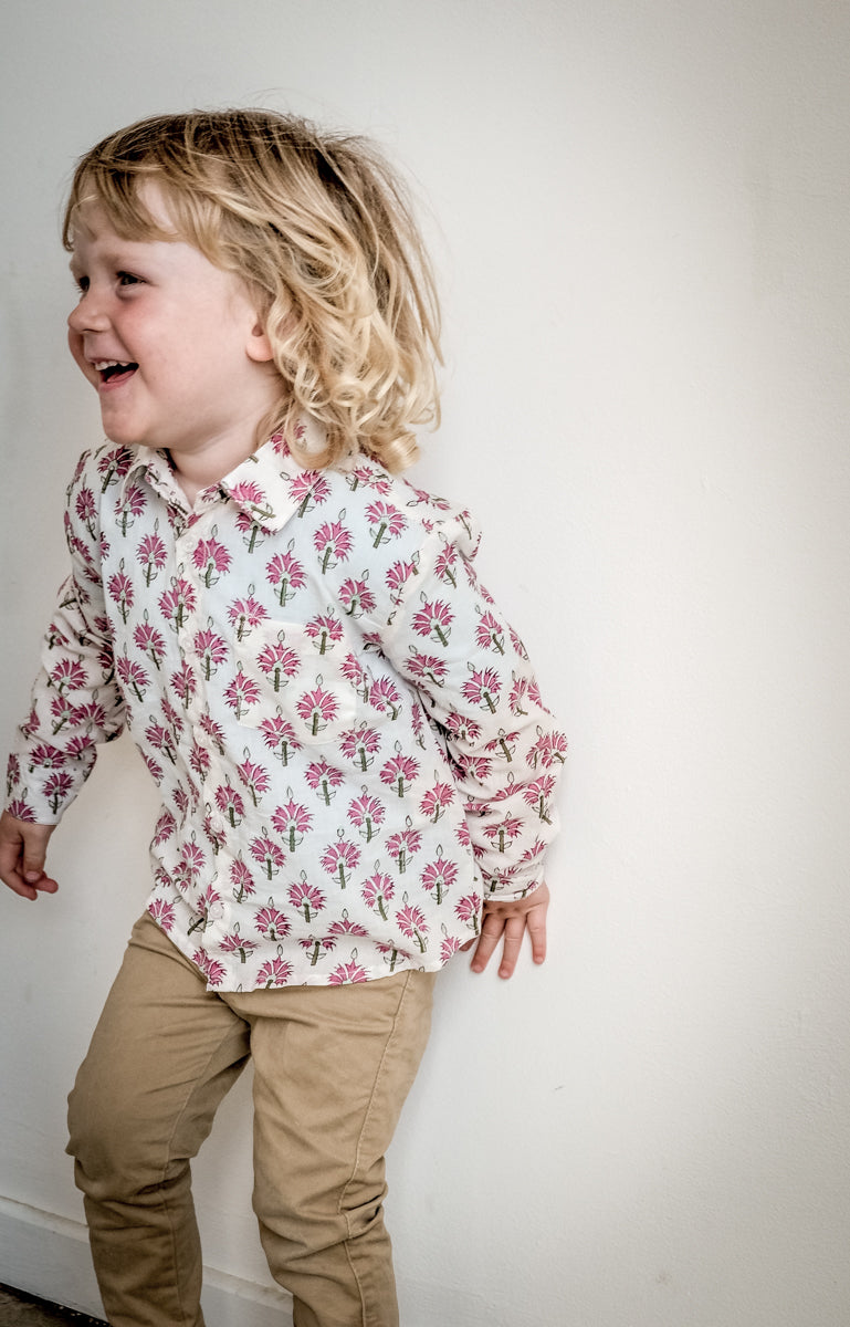 Boy's Long Sleeve Button-Up Cotton Shirt Magenta Flower