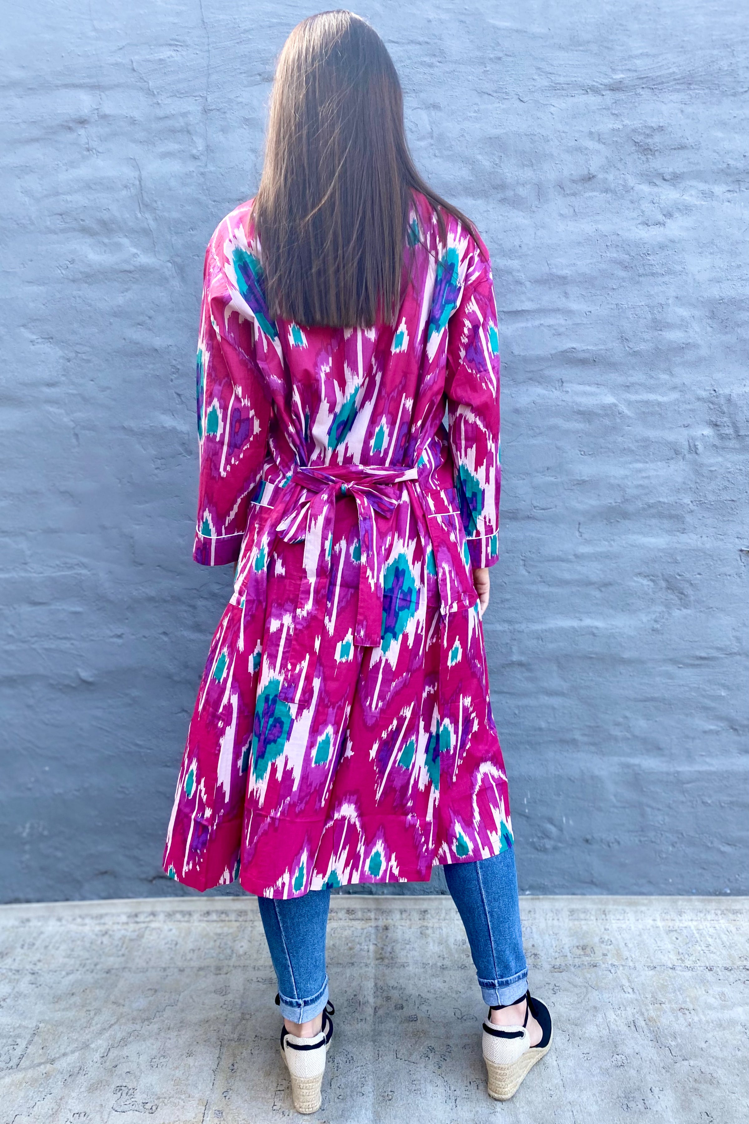 Cotton Kimono In Pink & Purple Ikat Exotic Marigold Boutique