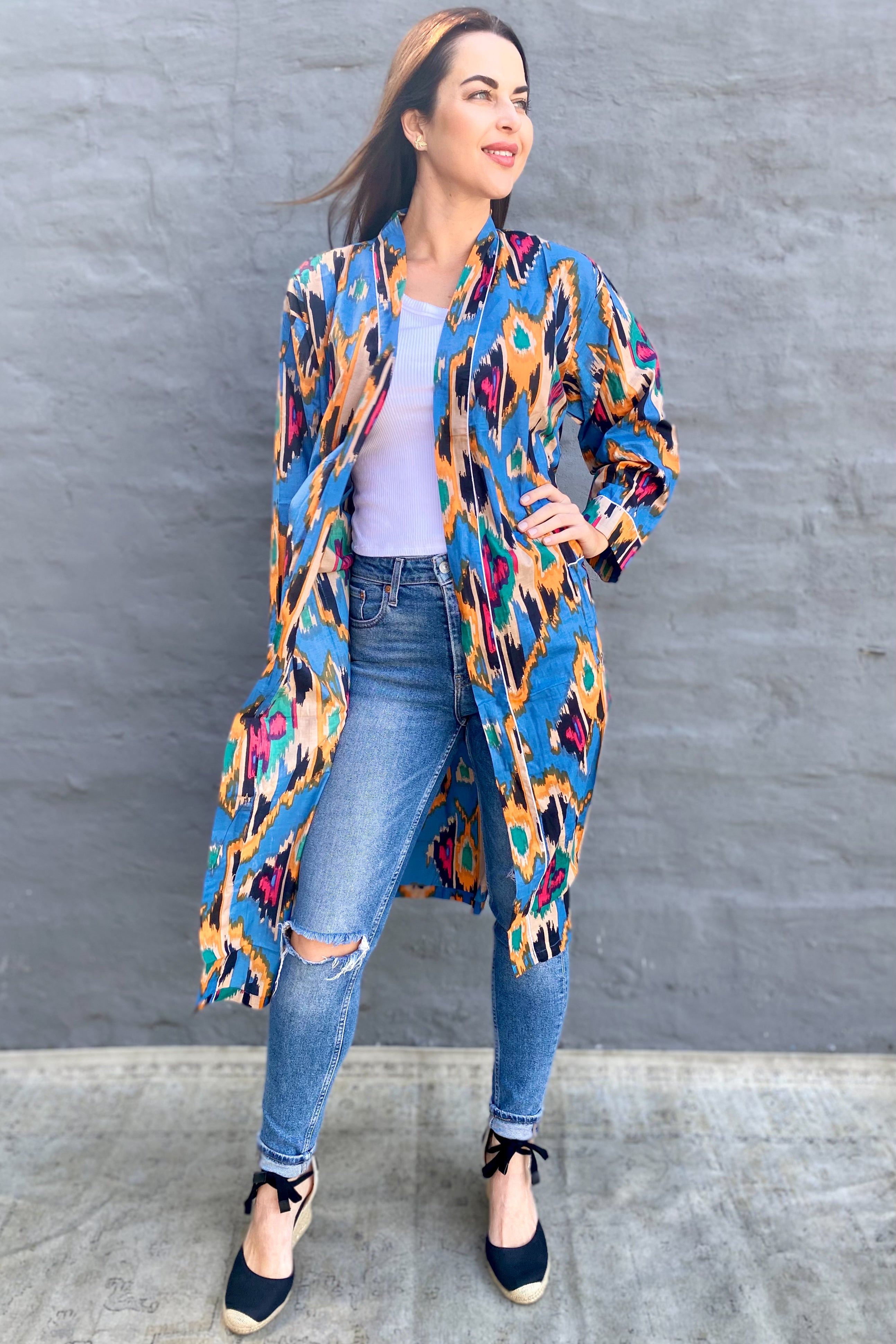 Cotton Kimono In Blue & Yellow Ikat