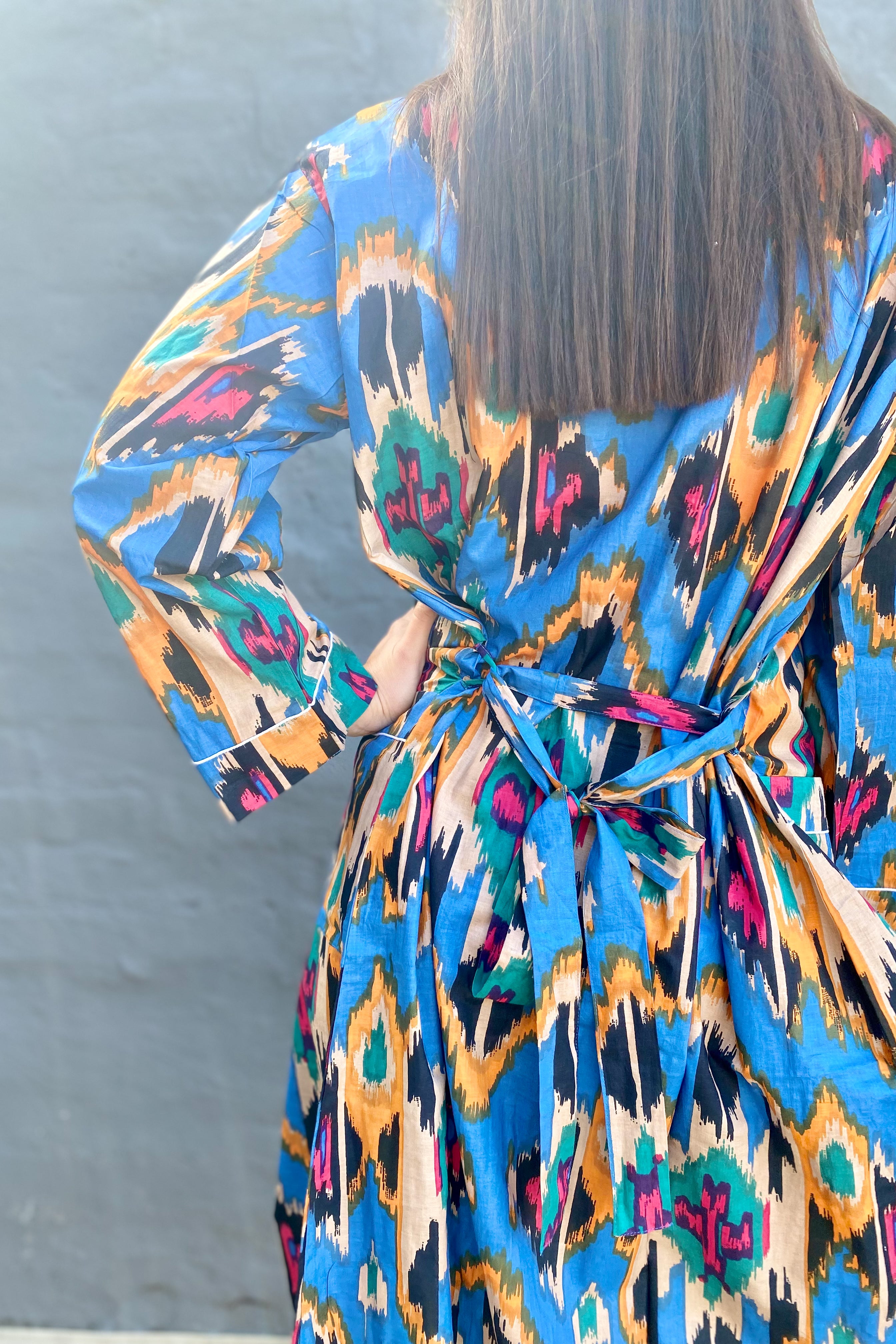 Cotton Kimono In Blue & Yellow Ikat