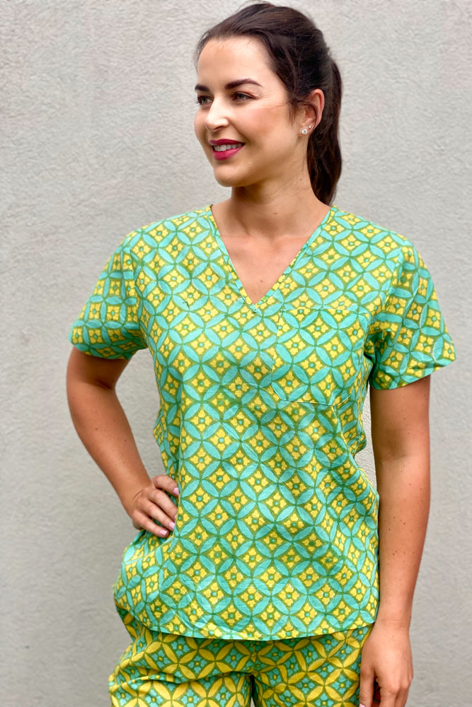Retro Geometric Scrub Top