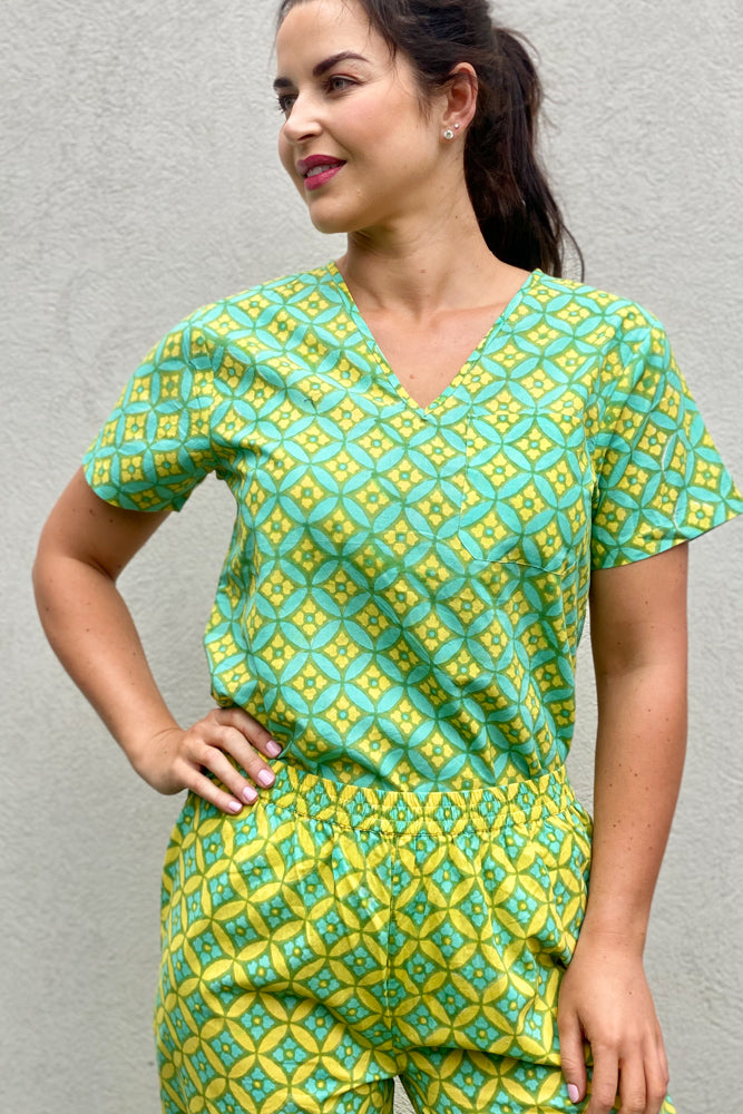 Retro Geometric Scrub Top