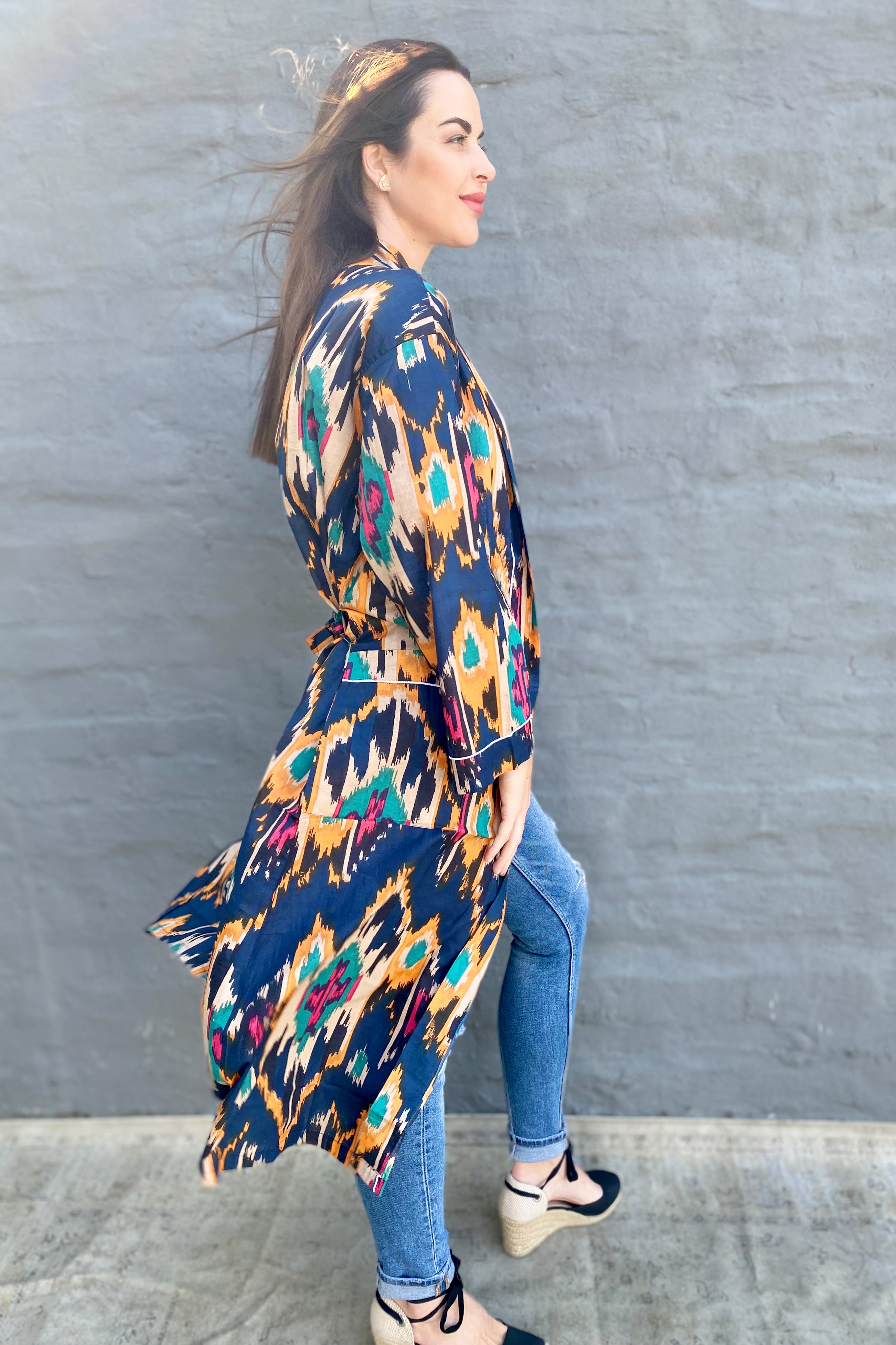 Cotton Kimono In Navy & Multi-Colour Ikat
