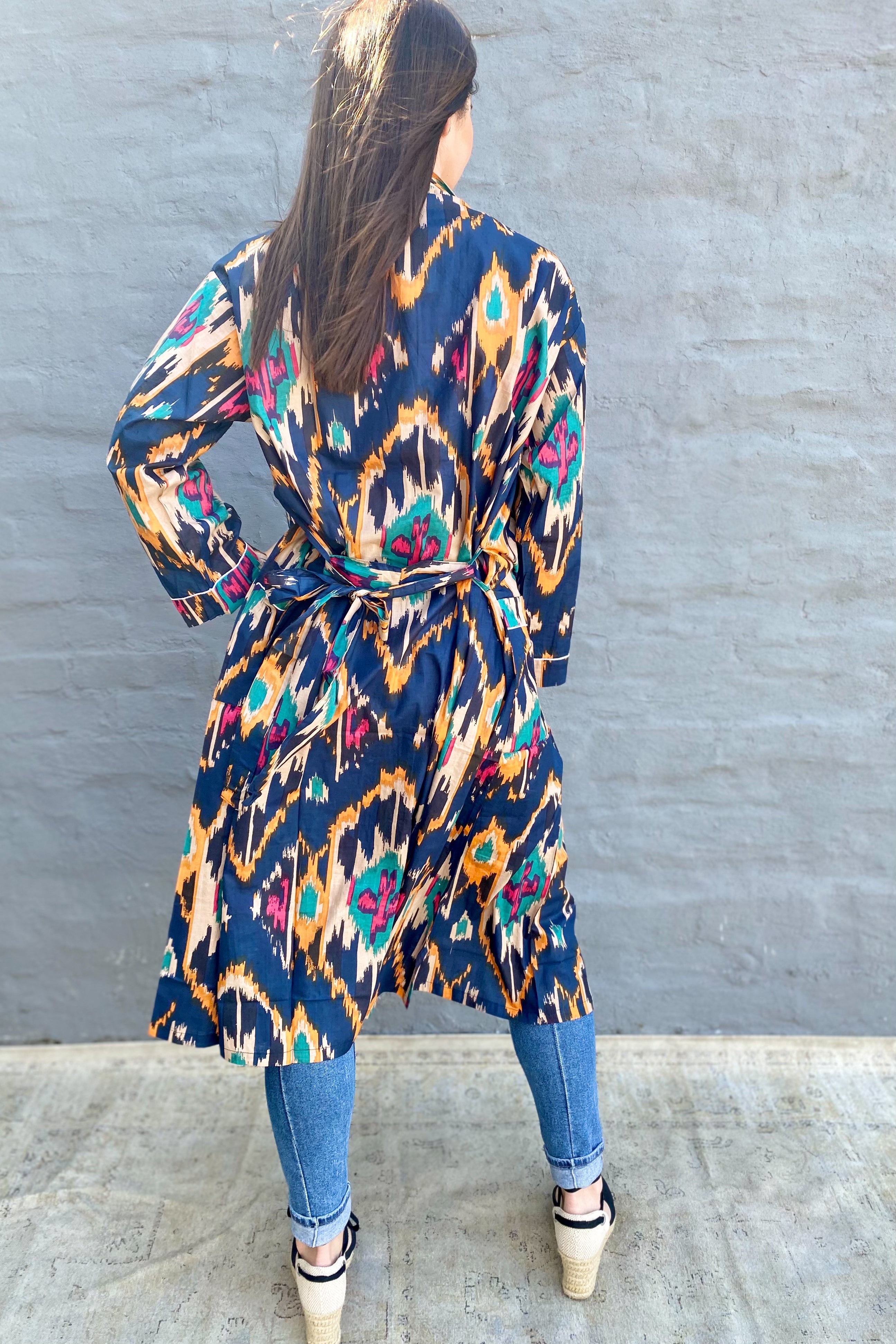 Cotton Kimono In Navy & Multi-Colour Ikat