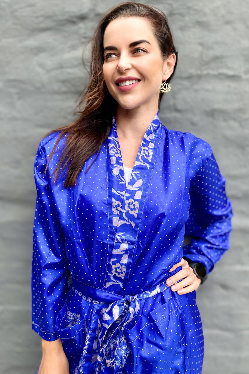 Upcycled Silk Sari Kimono In Brilliant Blue