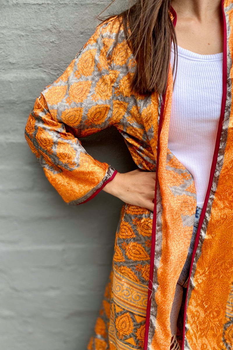 Upcycled Silk Sari Kimono In Tangerine Burst