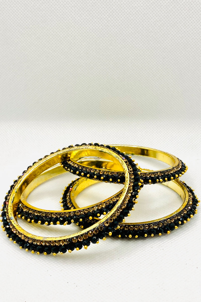 Golden Beaded Bangle In Onyx