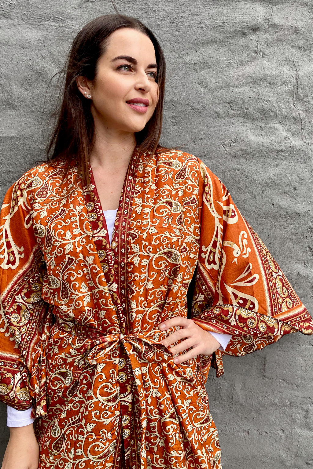 Upcycled Silk Sari Kimono In Burnt Orange Baroque