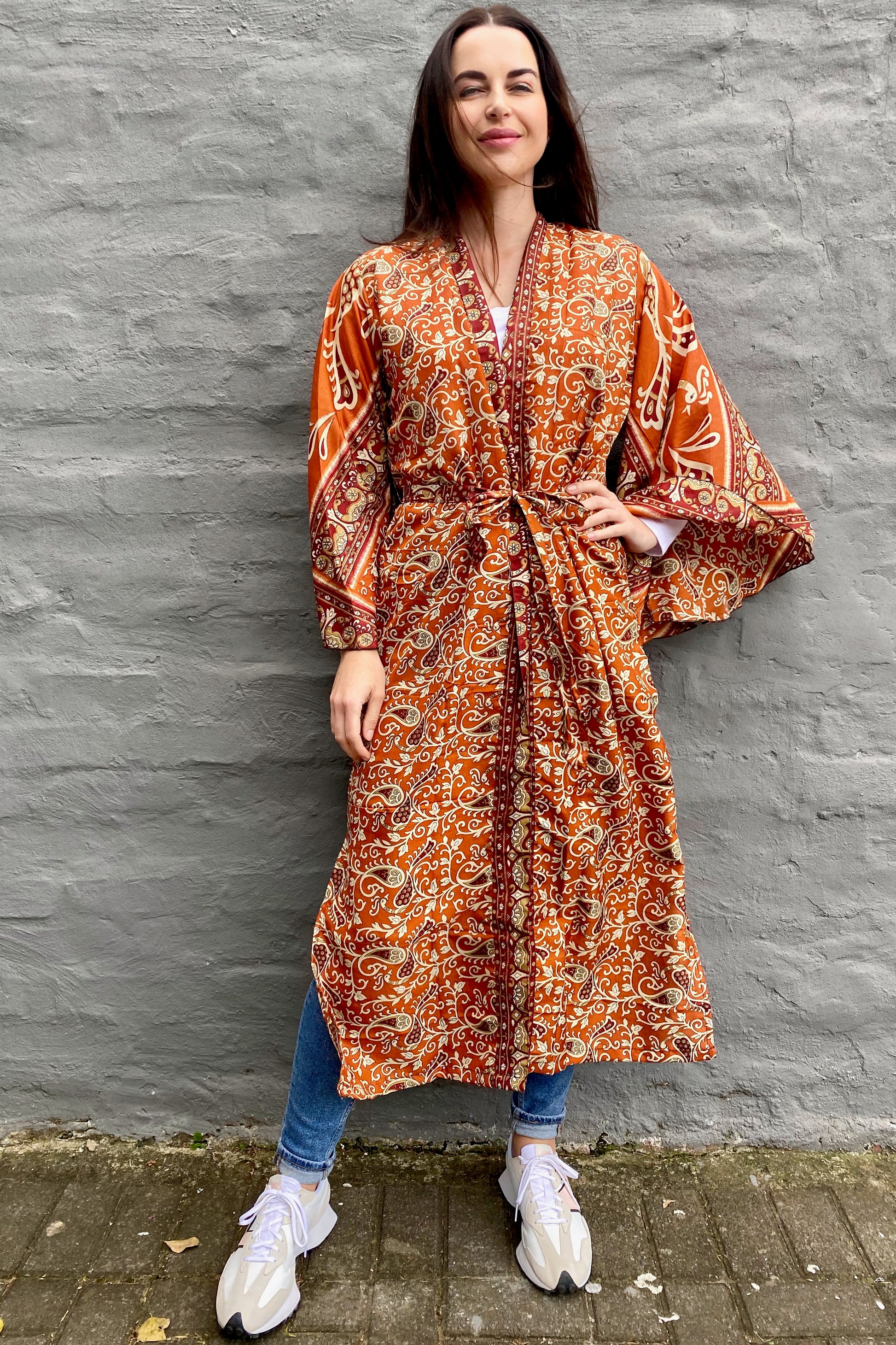 Upcycled Silk Sari Kimono In Burnt Orange Baroque